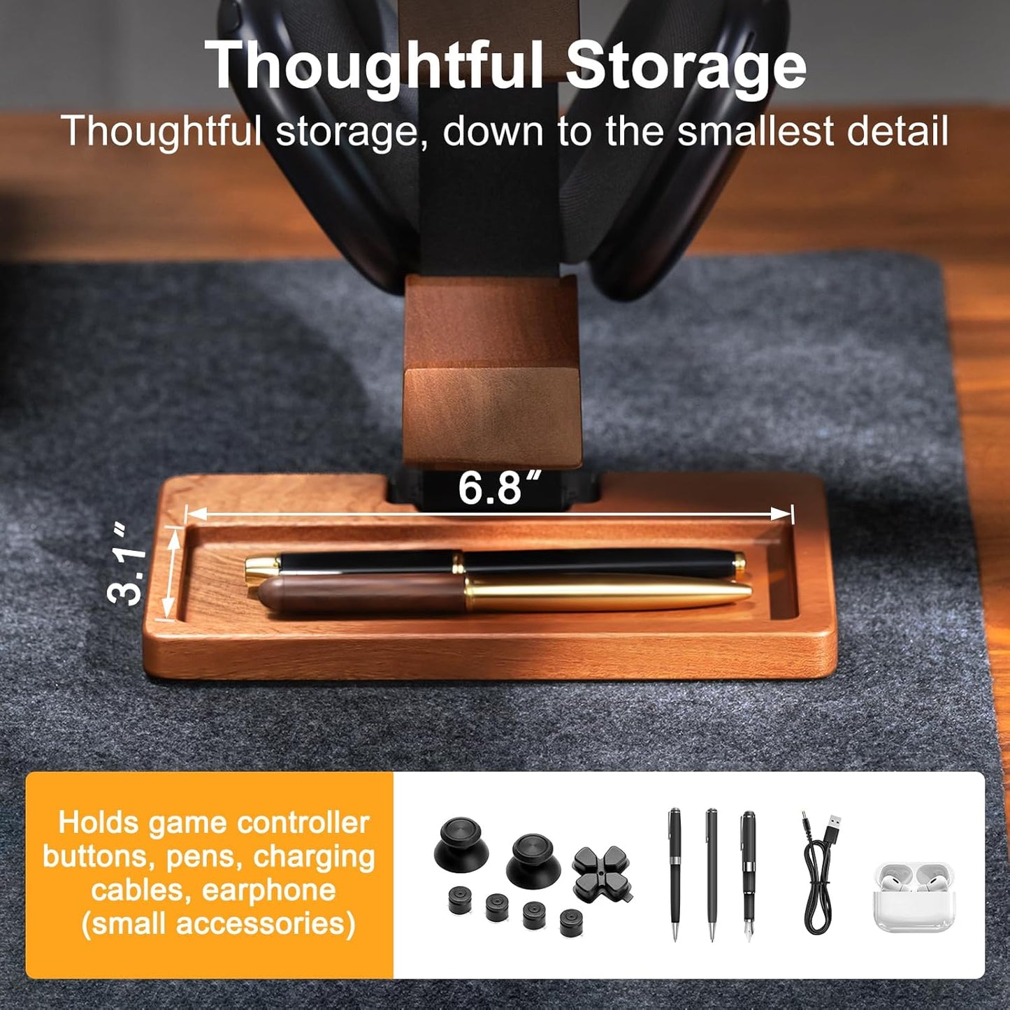 Solid Wood Controller Holder and Headphone Stand, Gaming Controller Stand for Desk, Dual Controller Organizer Rack, Fits Xbox, PS4, PS5, Gamepad, Headset Holder for Son, Husband, Boyfriend