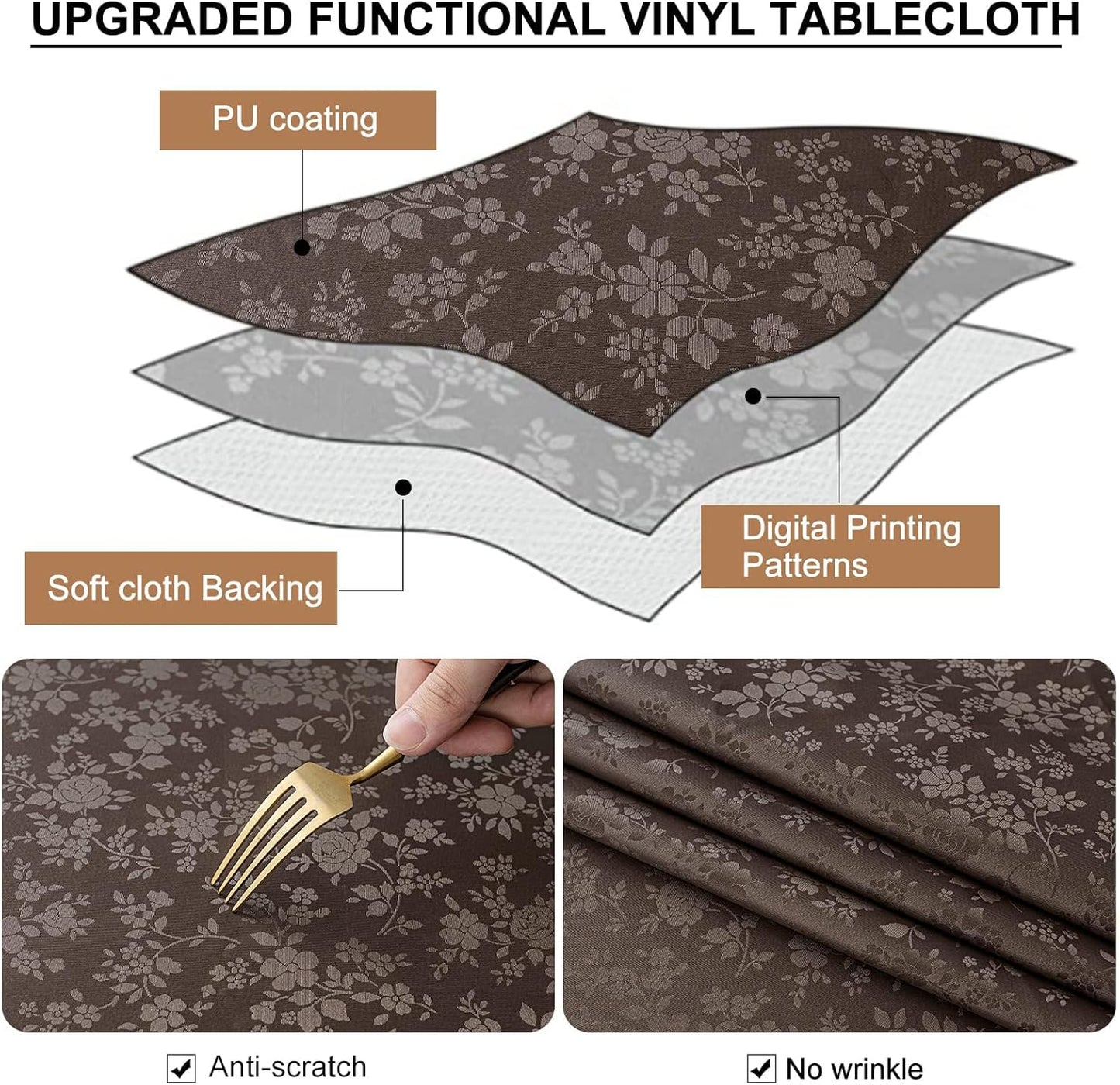 smiry Waterproof Vinyl Tablecloth, Rectangle Heavy Duty Table Cloth, Wipeable Table Cover for Kitchen and Dining Room (Coffee 1, 60X102 Inch)