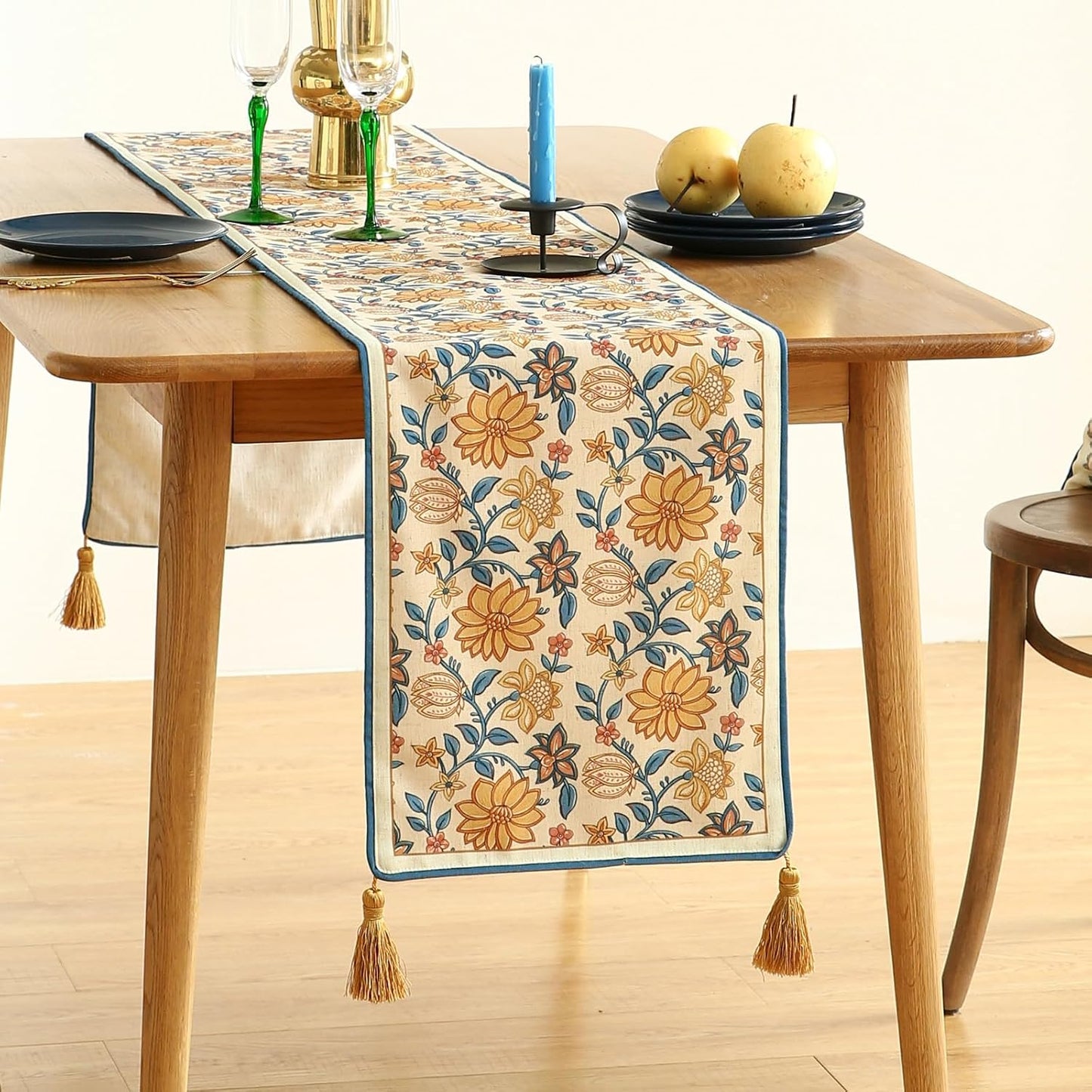 ISAENNE Designer Bohemian Elegant Linen Extra Long Table Runner 118 Inches,Floral Pattern Duable Decor Table Runners for Dining Tables,Thanksgiving,Kitchen Tables,Christmas,12"*118"-Estevan B