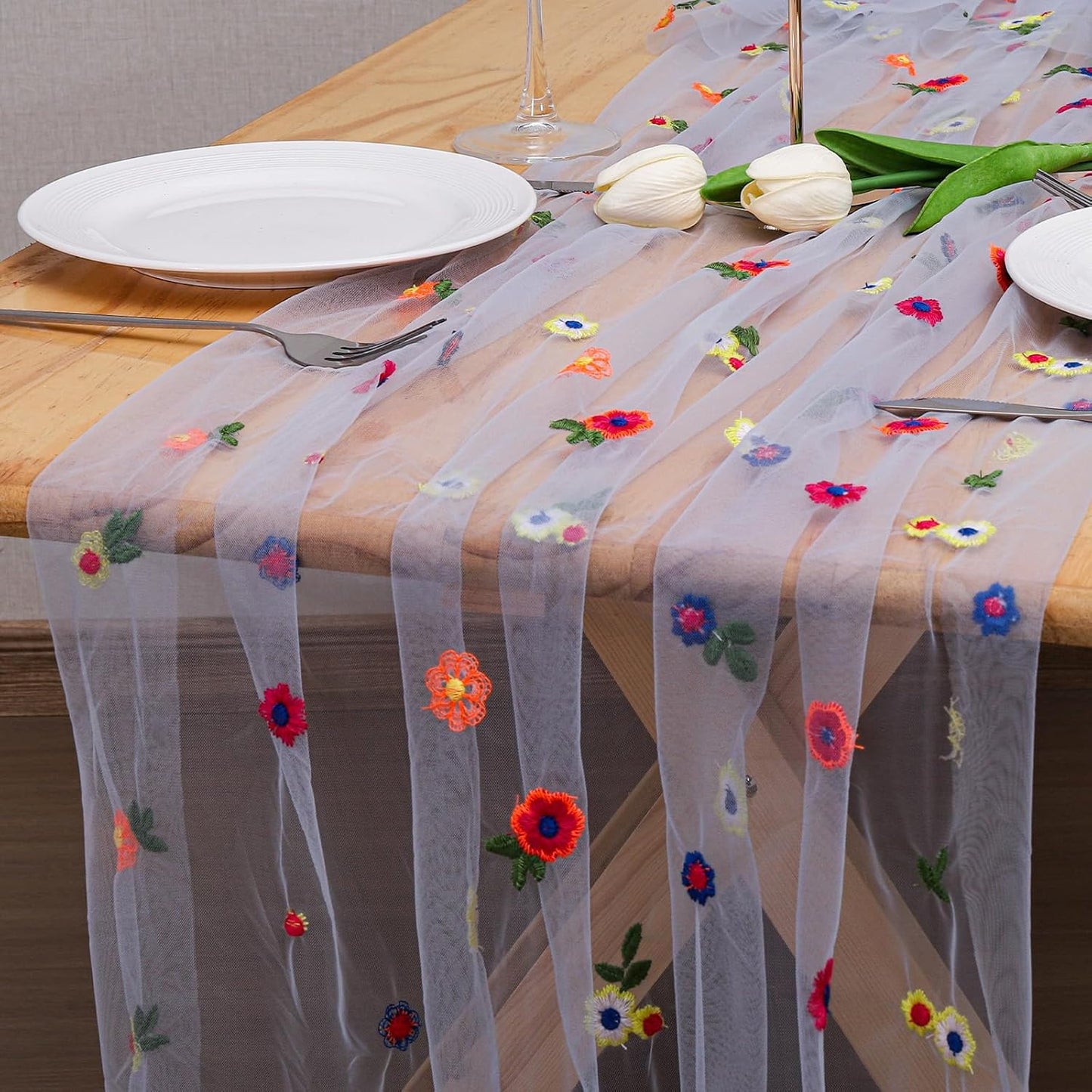 BINBE 3pcs Daisy Fall Table Runner Embroidery Gauze 10FT Florals Seasonal Tulle Holiday Birthday Kitchen Dining Table Decor for Home Party Blue