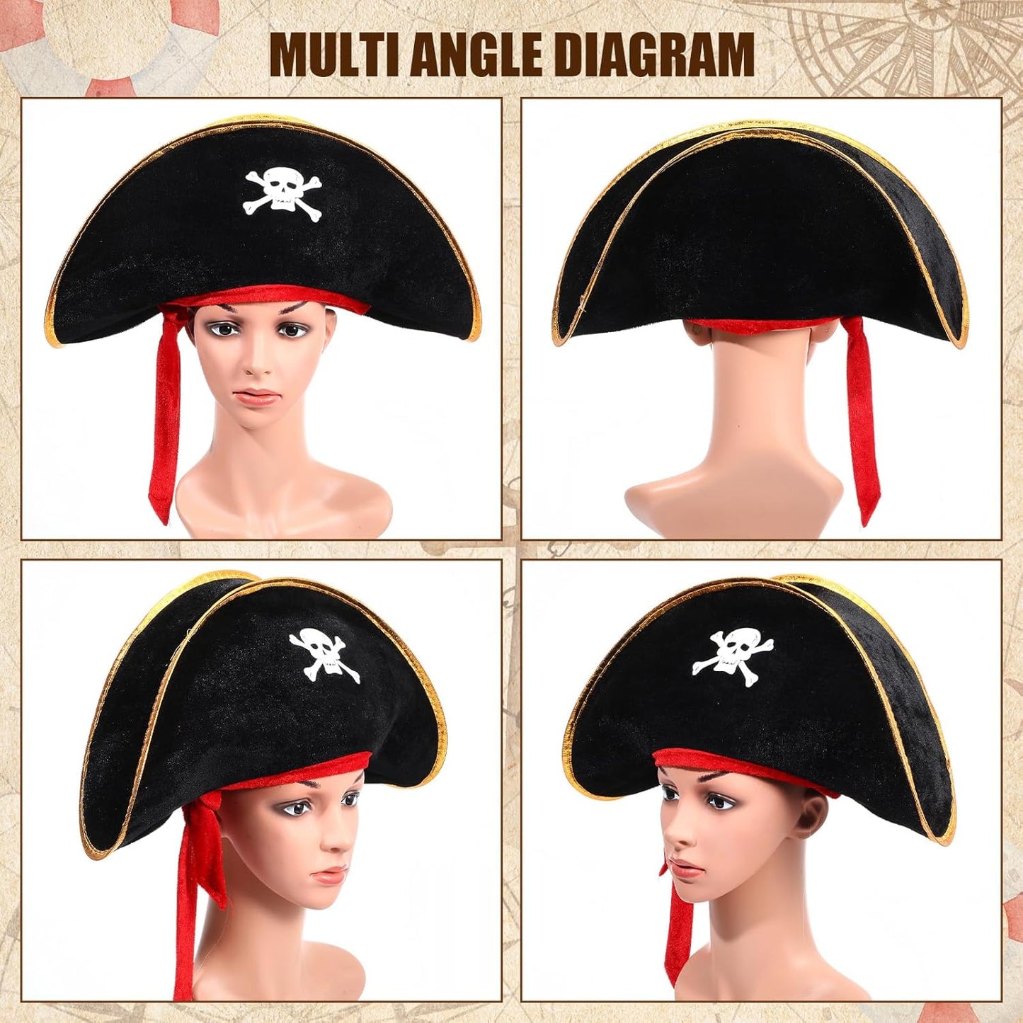 Hsei Halloween Pirate Hat Skull Print Captain Costume Caps Party Accessories Hats for Cosplay Caribbean Nautical Themed