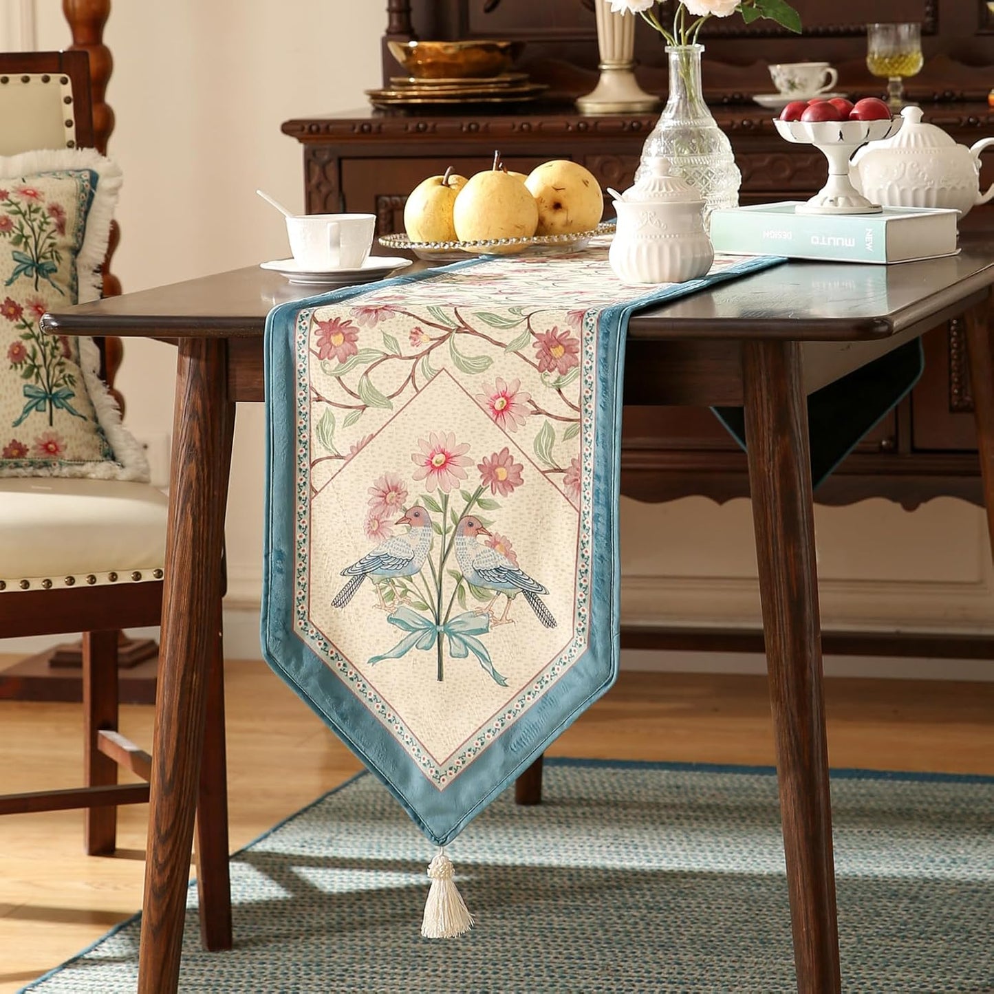 patdrea Designer French Elegant Wild Flowers Velvet Table Runner 87 Inch Long, Beige Pink Floral Pattern Table Mat, Decoration for Kitchen Dining Coffee Table Cabinet Banquet Thanksgiving,12"*87"