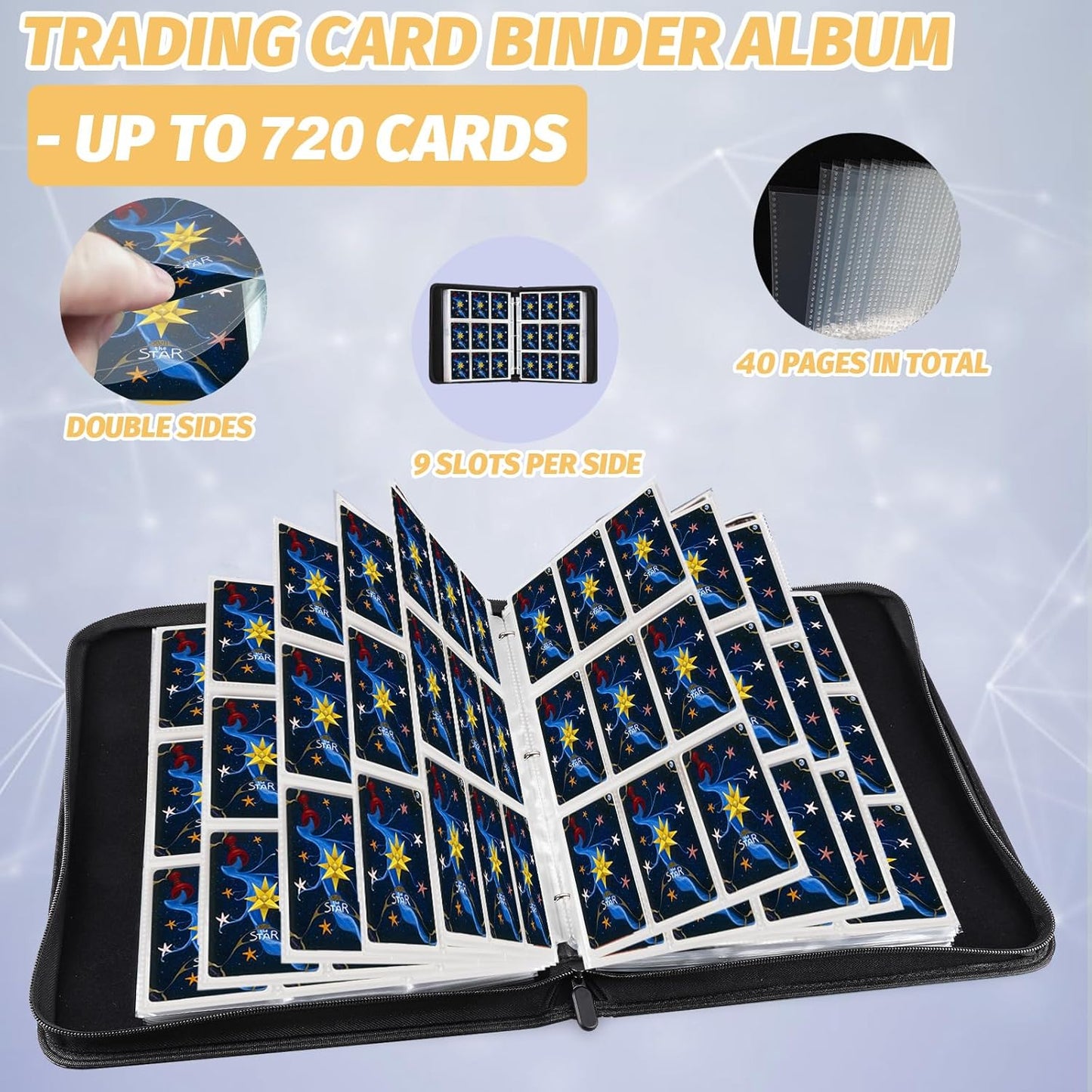 Trading Card Binder, Premium 9 Pocket Card Binder, 720 Double Sided Pocket PU Collection Binder, Collector Album, Card Holder for MTG, TCG, Sports Cards (Black)