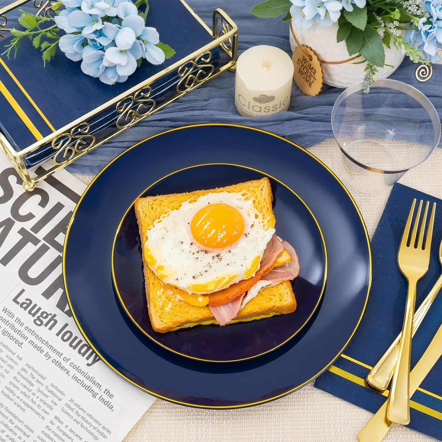 NOCCUR 350PCS Navy Blue Plastic Plates - Blue Disposable Dinnerware Set for 50 Guests, 100 Dinner/Dessert Plates, 150 Gold Silverware, 50 Cups&50 Napkins for Party/Wedding/Labor Day