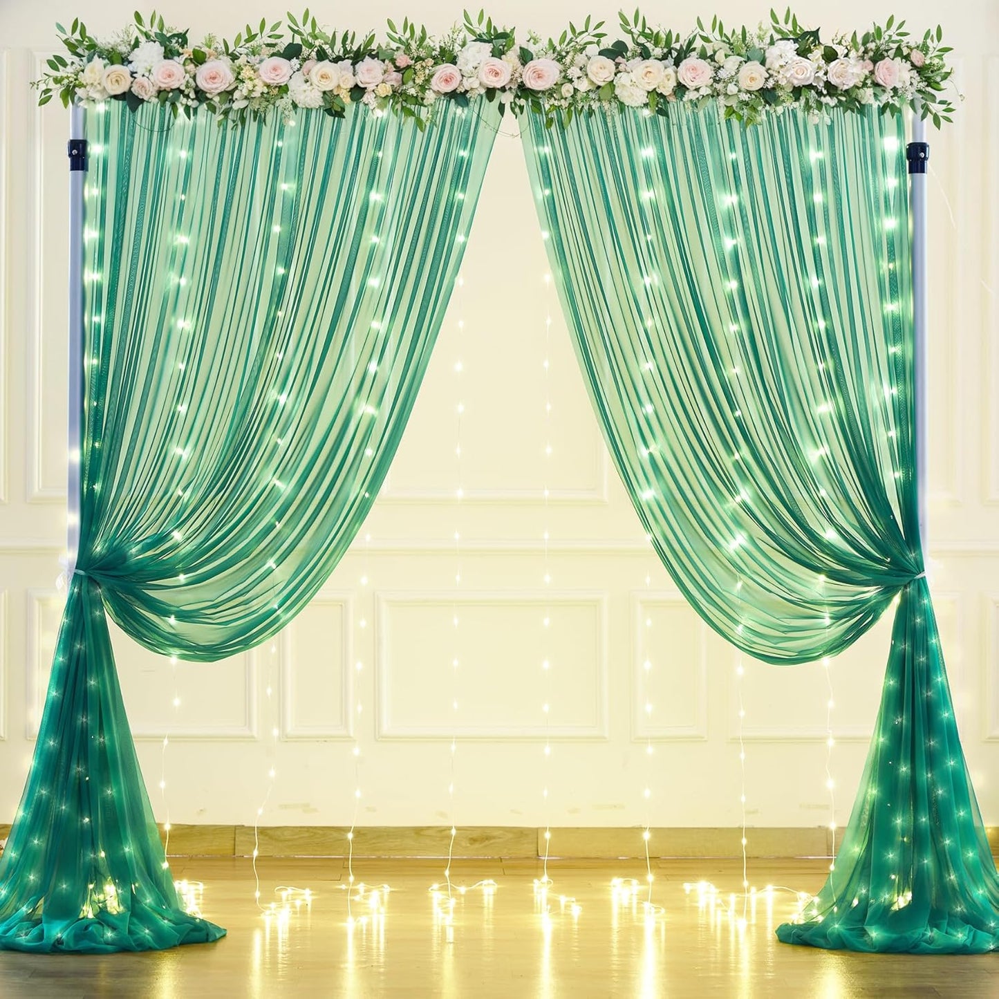 Hunter Green Tulle Backdrop Curtains with Lights String for Parites 10x8ft Sheer Backdrop Curtains Drapes for Birthday Party Bridal Shower Baby Shower Photo Booth Background Decorations