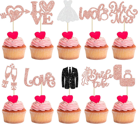 Ephlyn 30Pcs Bride to be Cupcake Toppers Glitter Wedding Cake Topper Decorations I Do Love Heart Ring Cupcake Picks for Bridal Shower Wedding Engagement Party Supplies Rose Gold