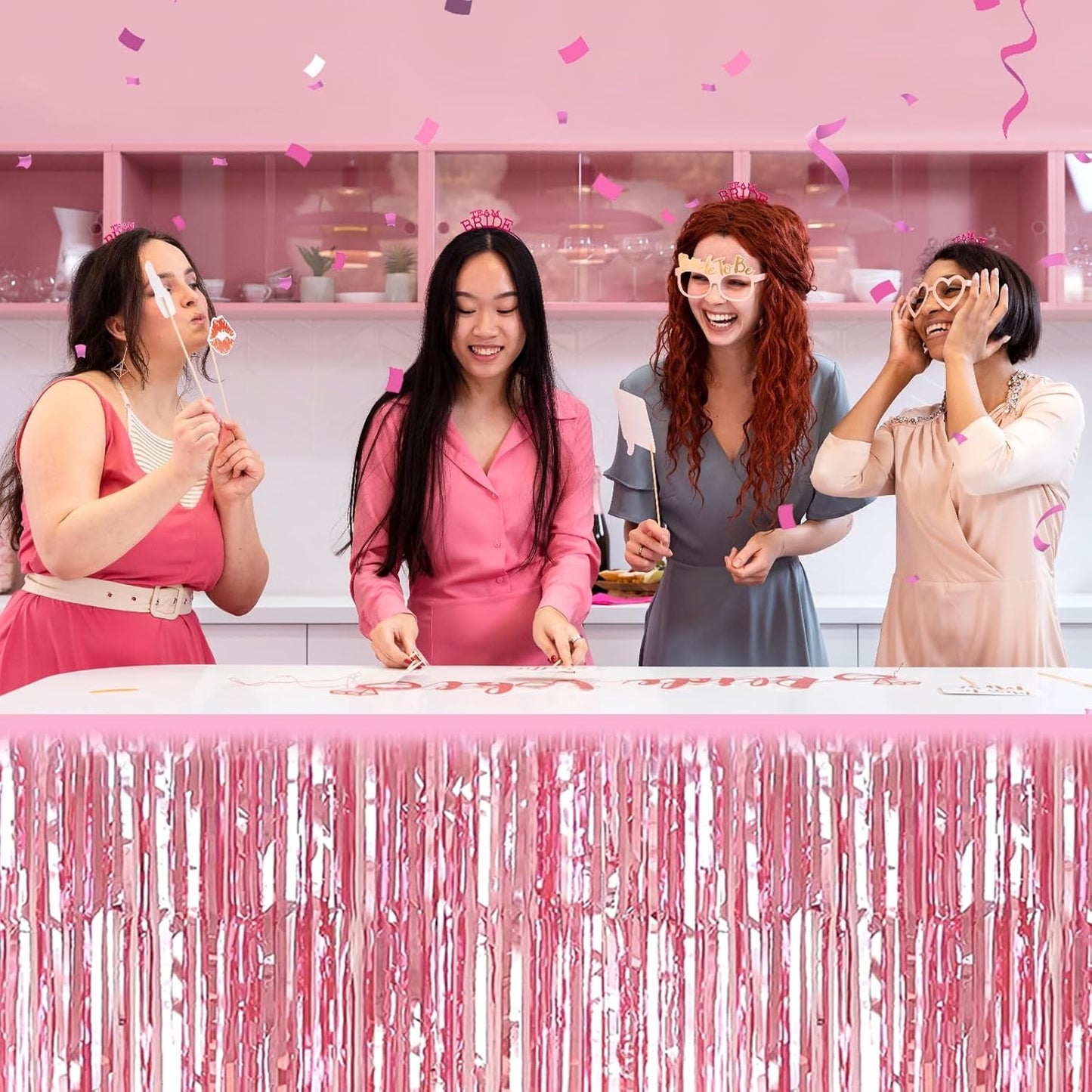 3 Pack 29 x108 Inch Pink Foil Fringe Table Skirts Metallic Banner for Tinsel Streamer Garland Backdrop for Parade Floats Wedding Thanksgiving Birthday Christmas Halloween New Year Party Decoration