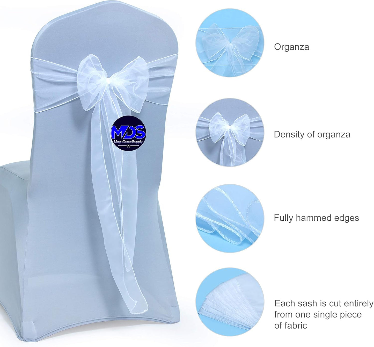 MDS Pack of 10 PCS Organza Chair Sashes Wider Dining Chair Bows Ribbon Tie Back for Wedding Party Birthday Bridal Shower Reception Event Banquet Home Chair Cover Decoration - White