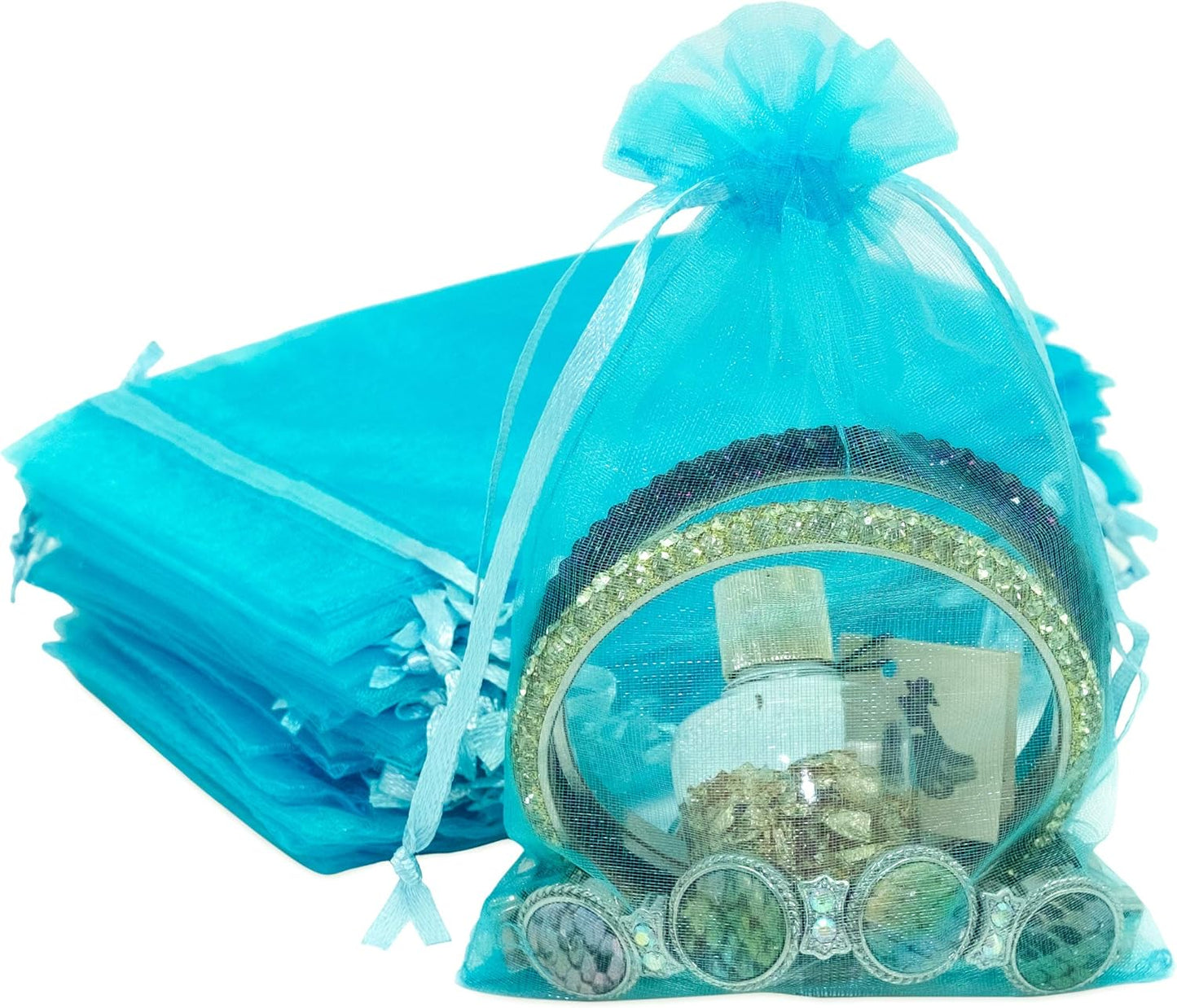TheDisplayGuys 48-Pack 4x6 Turquoise Blue Sheer Organza Gift Bags with Drawstring, Jewelry Candy Treat Wedding Party Favors Mesh Pouch