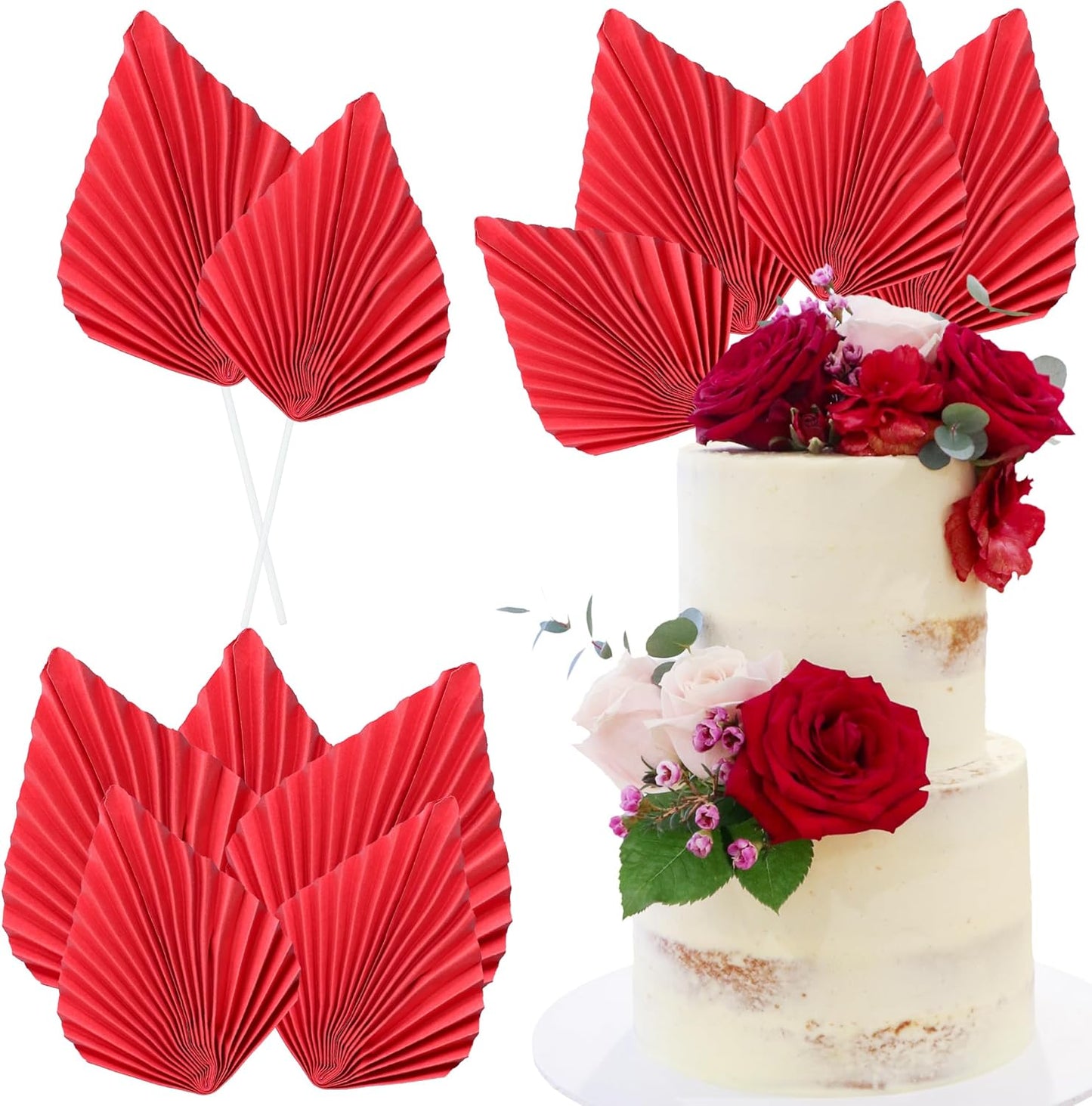 Ephlyn 6Pcs Paper Palm Fan Cake Topper Palm Leaf Fan Cake Pick Palm Spear Leaf DIY Cake Decorations for Bakeware Baby Shower Wedding Bridal Shower Birthday Anniversary Party Red