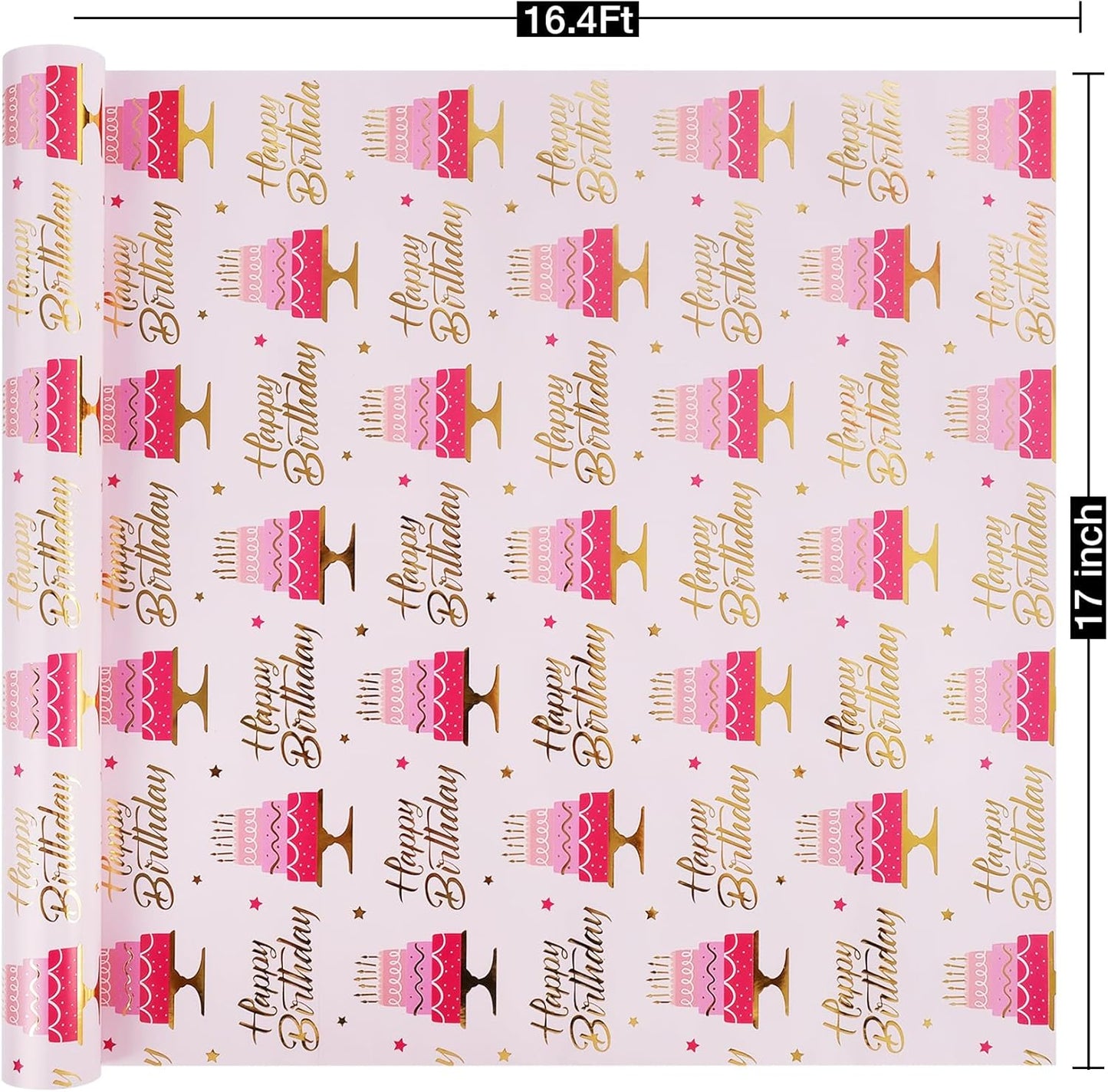 Aimyoo Pink Birthday Wrapping Paper Roll - 17 Inch X 16.4 Feet - Gold Foil Celebration Cake, Happy Birthday Lettering Design Gift Wrap for Kids, Baby Showers