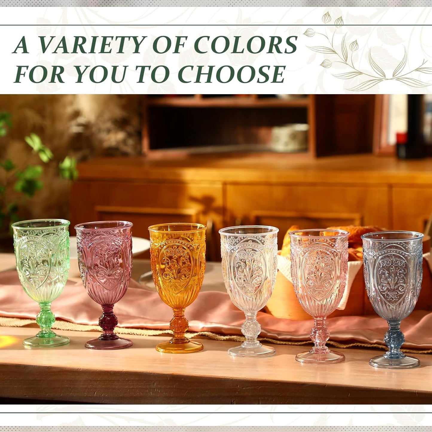 18 Pack Plastic Goblets 10oz Upgrade Vintage Water Goblet Plastic Wine Glasses Colored Retro Embossed Glassware for Party Wine Bar Juice Baby Shower Wedding Reception Grand (Pink)