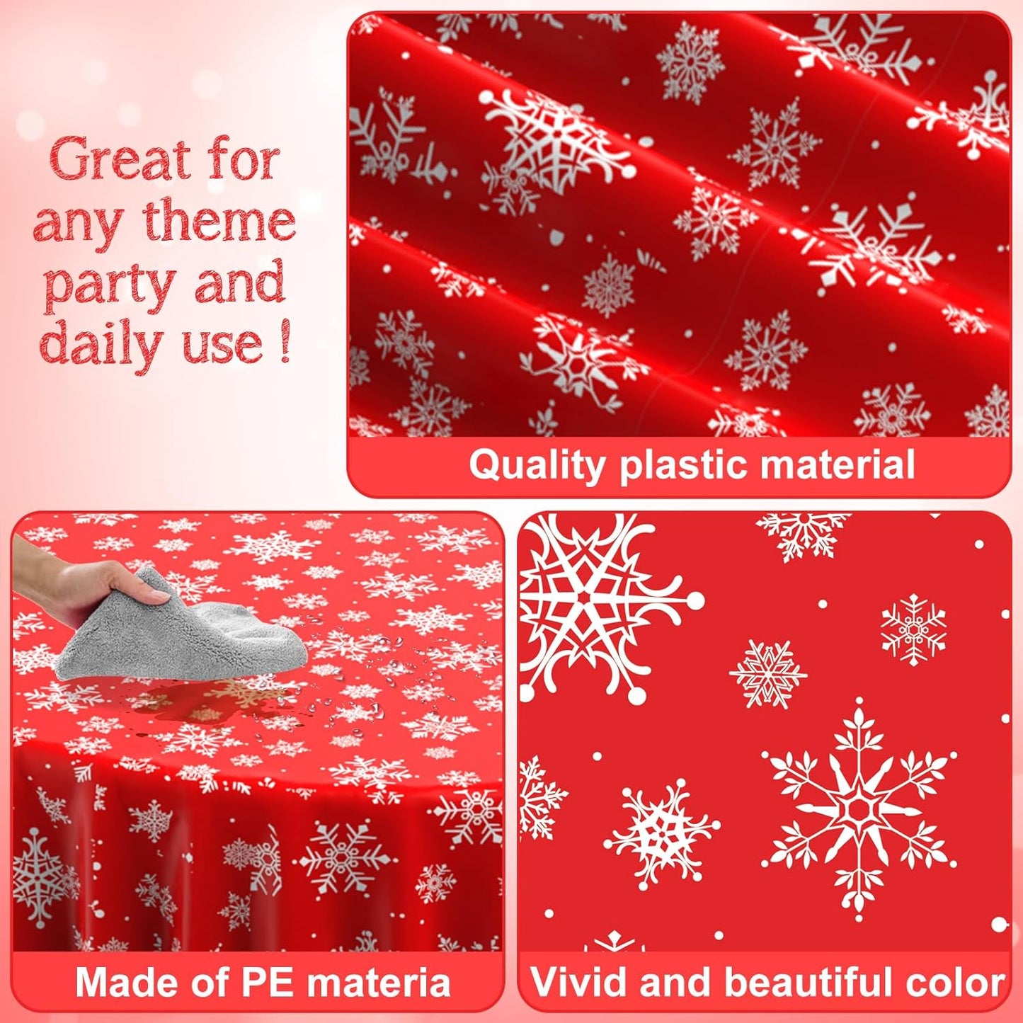 12 Pieces Christmas Snowflake Plastic Party Tablecloth Decorations, Disposable White Snowflake Red Xmas Round Table Cover Backdrop for Winter Christmas Holiday New Year Party Supplies,84 inch (Red)