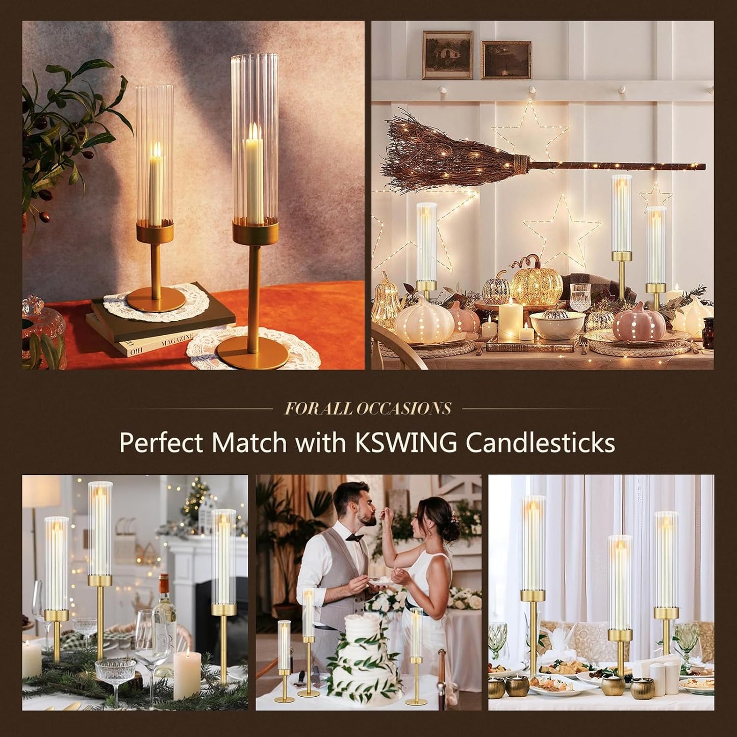 Glass Hurricane Candlestick Holders Gold, KSWING Set of 6 Taper Candle Holders Brass Tall Clear Candle Stand Holders, Perfect for Table Centerpiece Party Wedding Christmas Home Decor