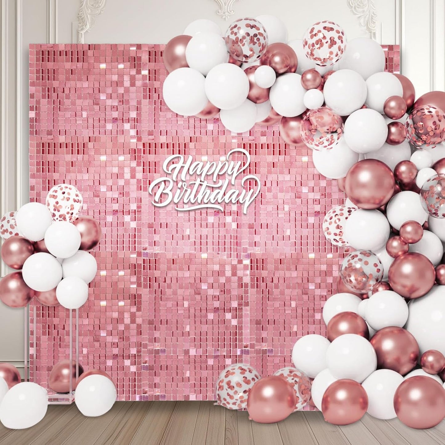 12PCS Rose Gold Shimmer Wall Backdrop, Square Sequin Photo Backdrops Panel, Glitter Wall Background for Birthdays, Weddings, Engagements, Baby Showers, Disco Bachelorette Party Decoration (3FTx4FT)