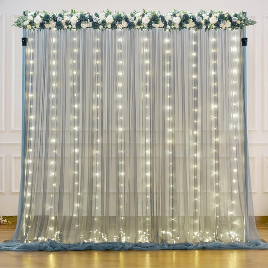 Silver Grey Tulle Backdrop Curtain with Lights String for Parites 10x8ft Sheer Backdrop Curtains for Birthday Party Bridal Shower Baby Shower Wedding Ceremony Prom Photo Booth Background Decorations