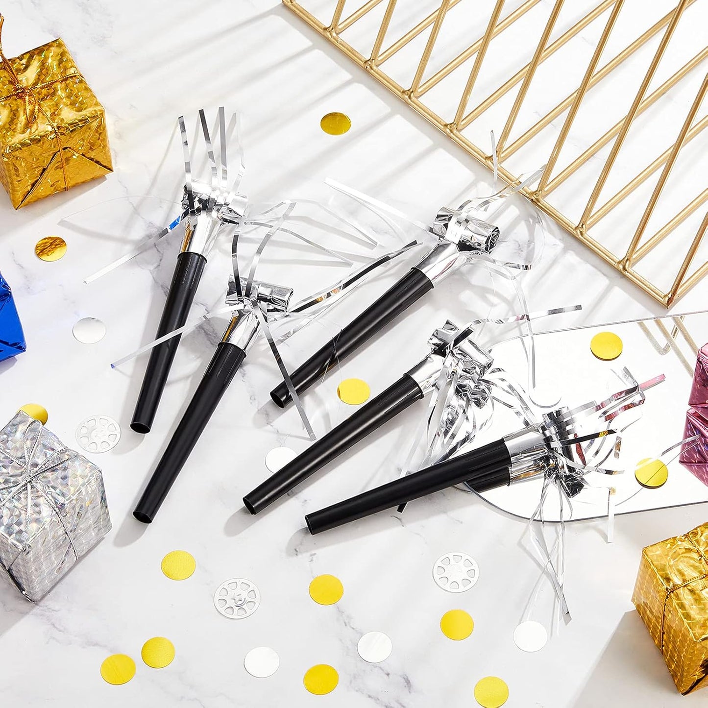Skylety 18 Pcs Party Blower Noisemakers Party Squawkers Blowouts Whistles Fringed Noise Maker Musical Blowouts for Birthday Supplies(Black and Silver)
