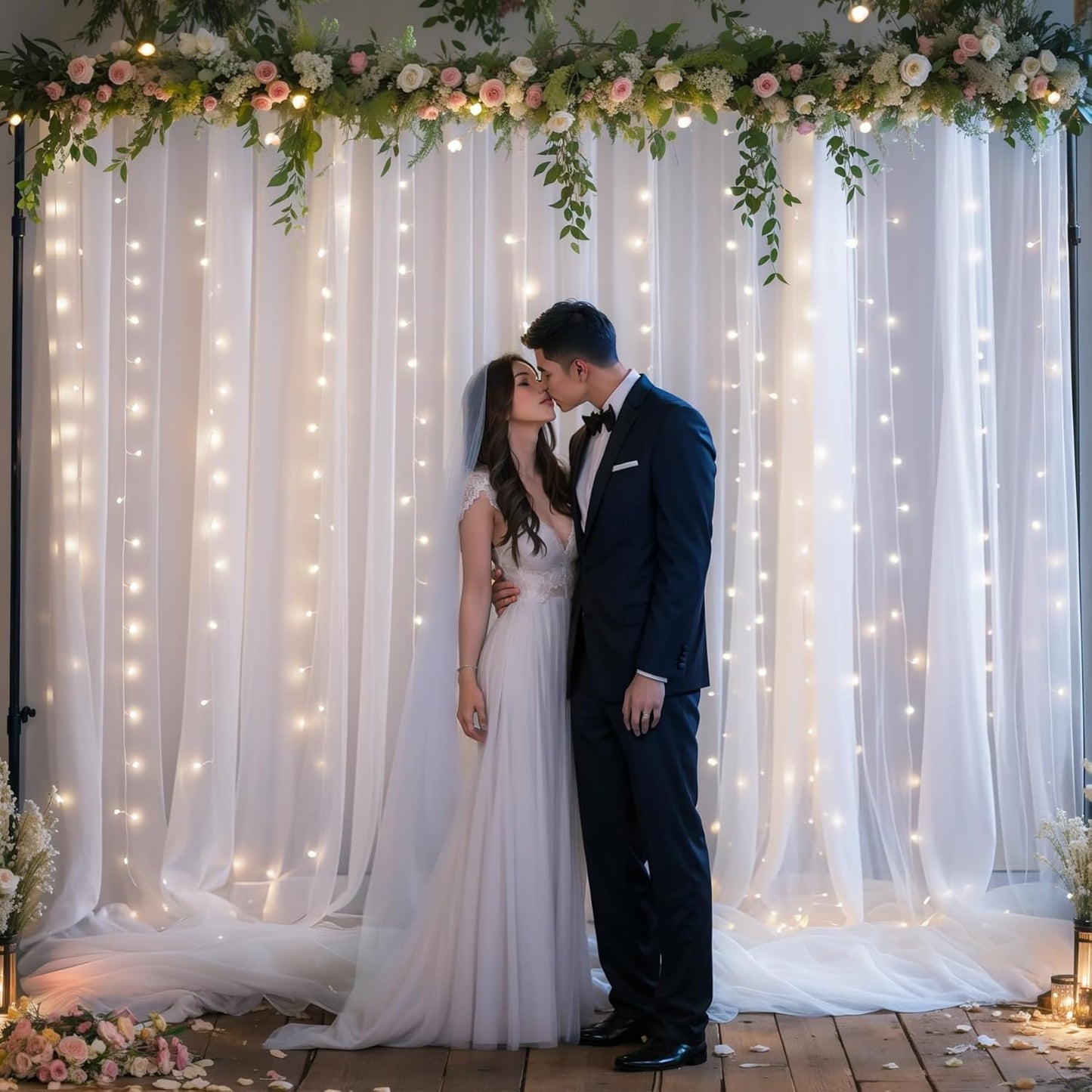 White Tulle Backdrop Curtain with Lights String, 10ft x 10ft for Weddings Baby Showers Birthday Parties, Sheer Wrinkle Free Backdrop, Easy to Install Photo Booth Background Decorations