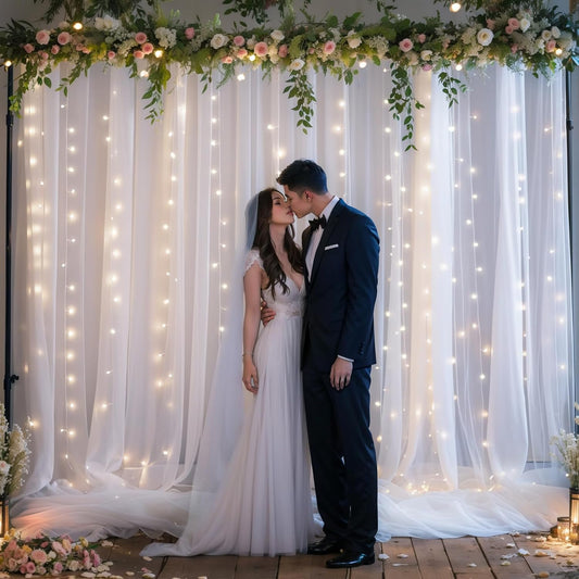 White Tulle Backdrop Curtain with Lights String, 10ft x 10ft for Weddings Baby Showers Birthday Parties, Sheer Wrinkle Free Backdrop, Easy to Install Photo Booth Background Decorations