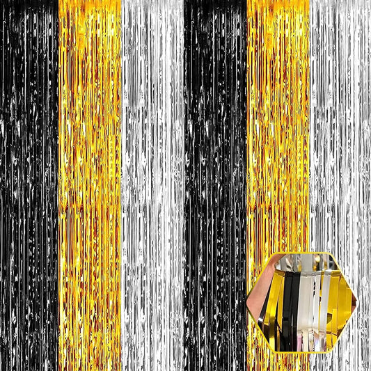 3 Pack Black Gold Silver Foil Fringe Curtain Backdrop, 3.28Ft x 8.2Ft Metallic Tinsel Foil Fringe Streamer Curtains for Photo Booth, Christmas Day, Thanksgiving, Wedding, New Year Party Decorations