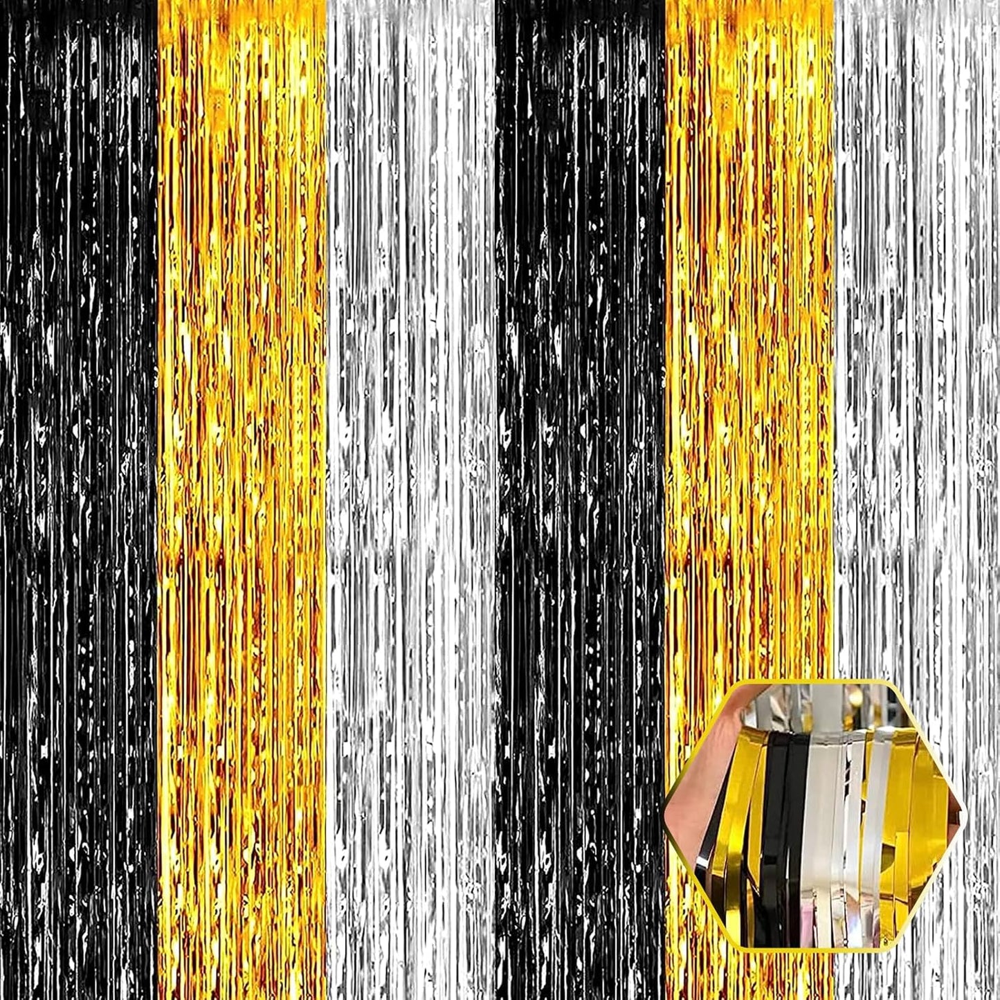 3 Pack Black Gold Silver Foil Fringe Curtain Backdrop, 3.28Ft x 8.2Ft Metallic Tinsel Foil Fringe Streamer Curtains for Photo Booth, Mother's Day, Easter, Birthday, Wedding Party Decorations