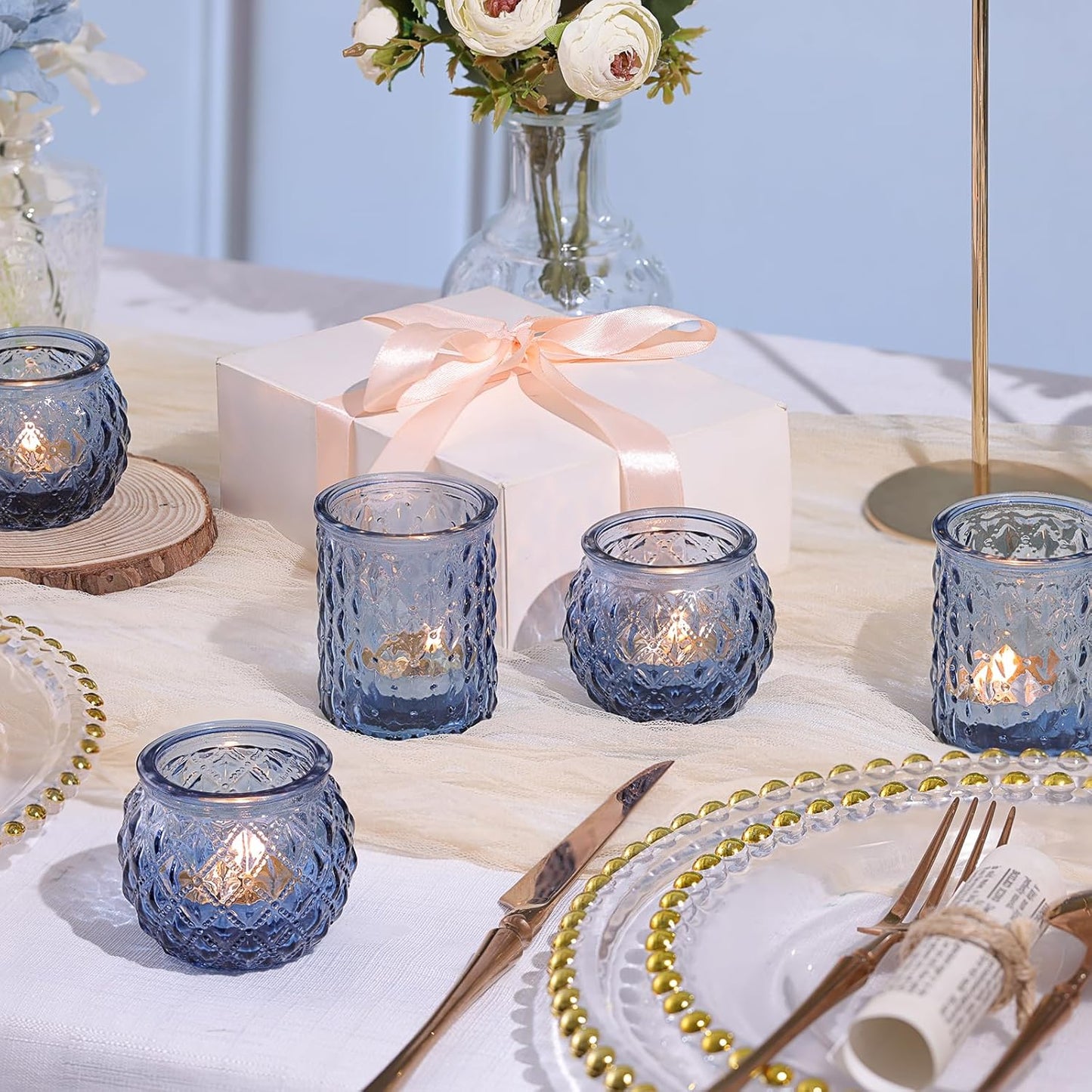12pcs Assorted Blue Votive Candle Holders, Tea Lights Candle Holder for Wedding Decor, Blue Candle Holders for Table Centerpiece, Bridal Shower, Baby Shower Decorations