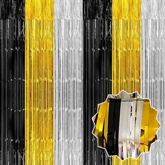 3 Pack Black Gold Silver Foil Fringe Curtains Backdrop, 3.28 x 9.8 Ft Metallic Streamers Tinsel Curtains Background for Photo Booth, Birthday, Halloween, Christmas, New Year Party Decorations