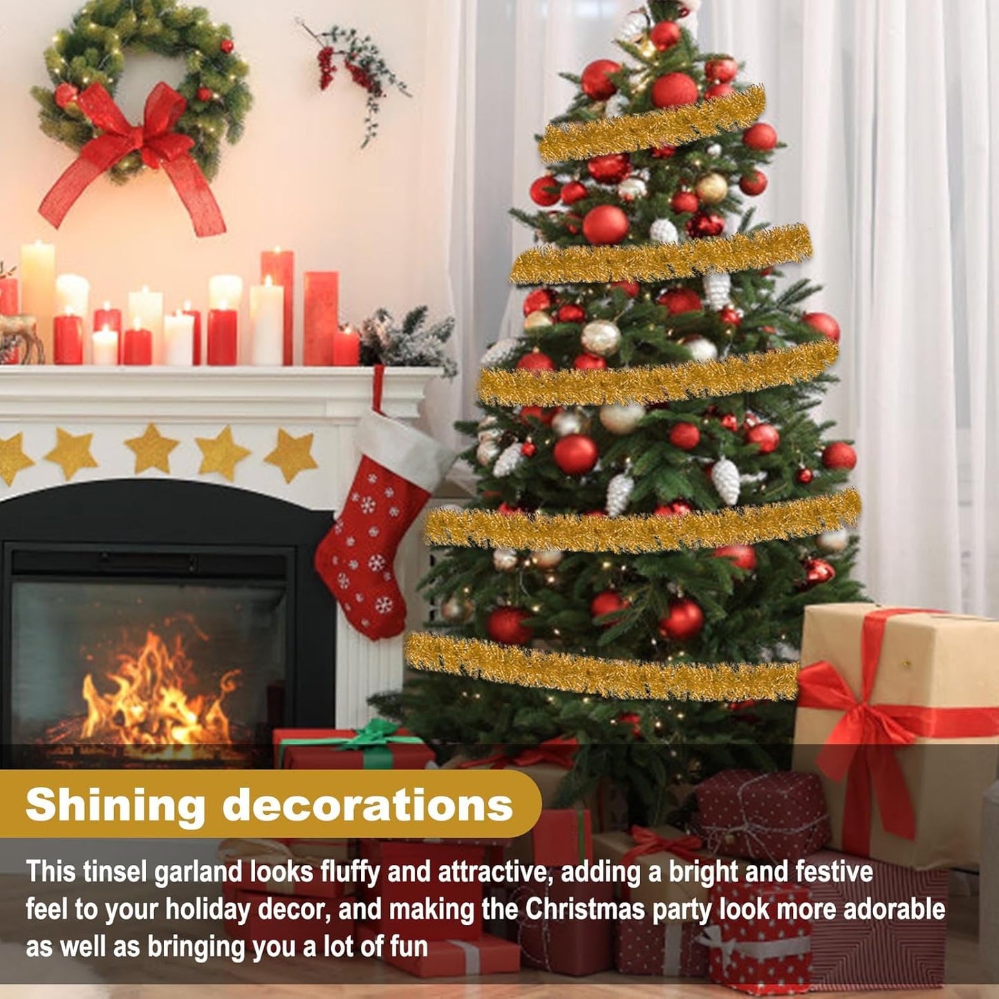 25 Feet Champagne Gold Christmas Tinsel Garland, Metallic Foil Twist Garland Wall Hanging Tinsel Banner Backdrop for Parade Floats, Easter, Mother's Day, Birthday Party Decorations (4in x 25ft)