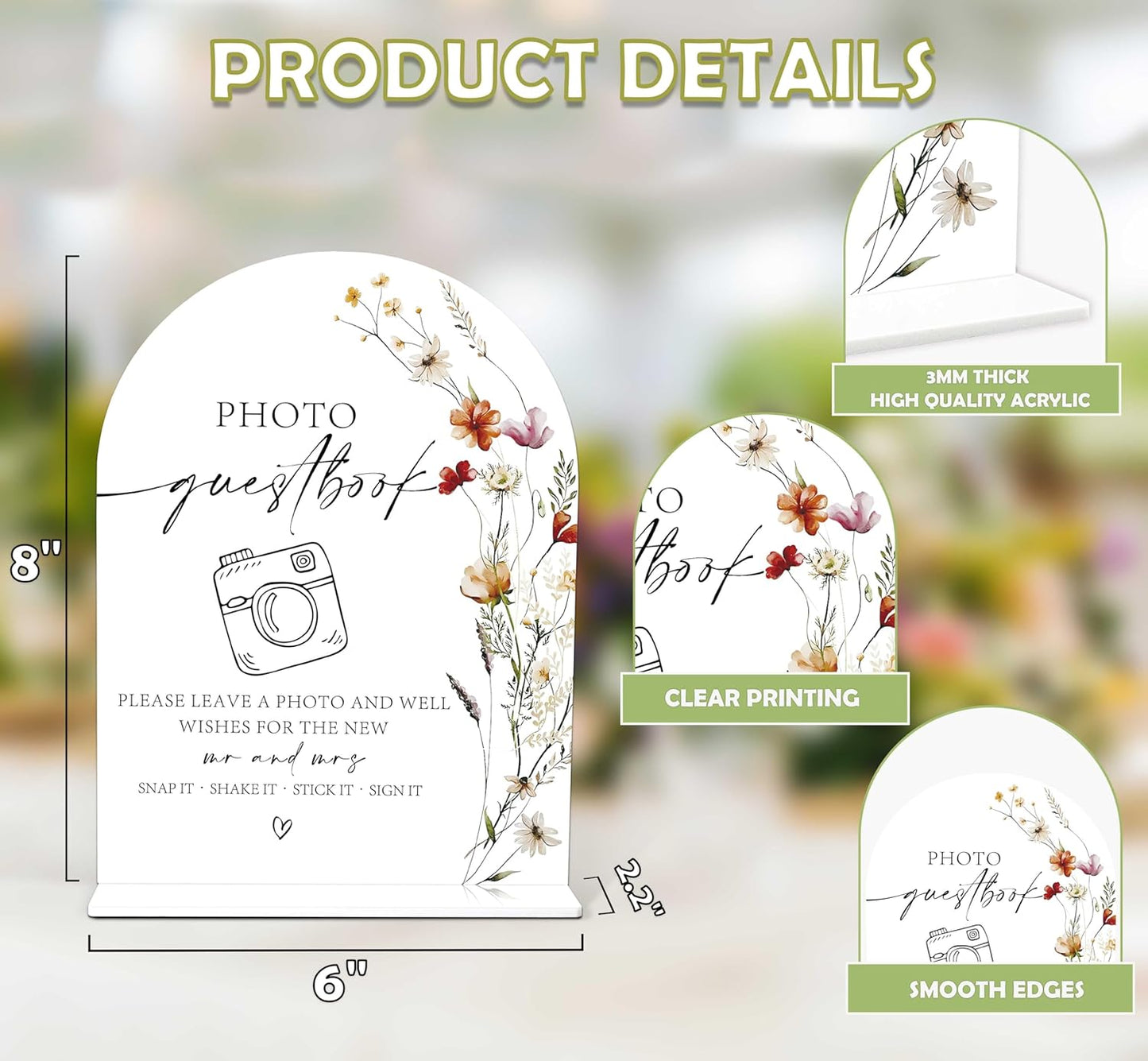 Boho Floral Photo Guestbook Sign, 6 x 8 Inch White Arch Acrylic Wedding Sign with Holder, Wedding Sign for Ceremony and Reception, Wedding Decoration, Wedding Supplies - BX06