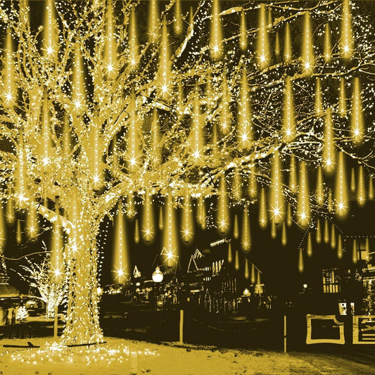 Christmas Lights Outdoor Falling Rain Meteor Shower Lights 12 inch 8 Tube 192 LED Snowfall Icicle Cascading String Light for Xmas Tree Christmas Decorations Holiday Garden, UL Plug,Warm White