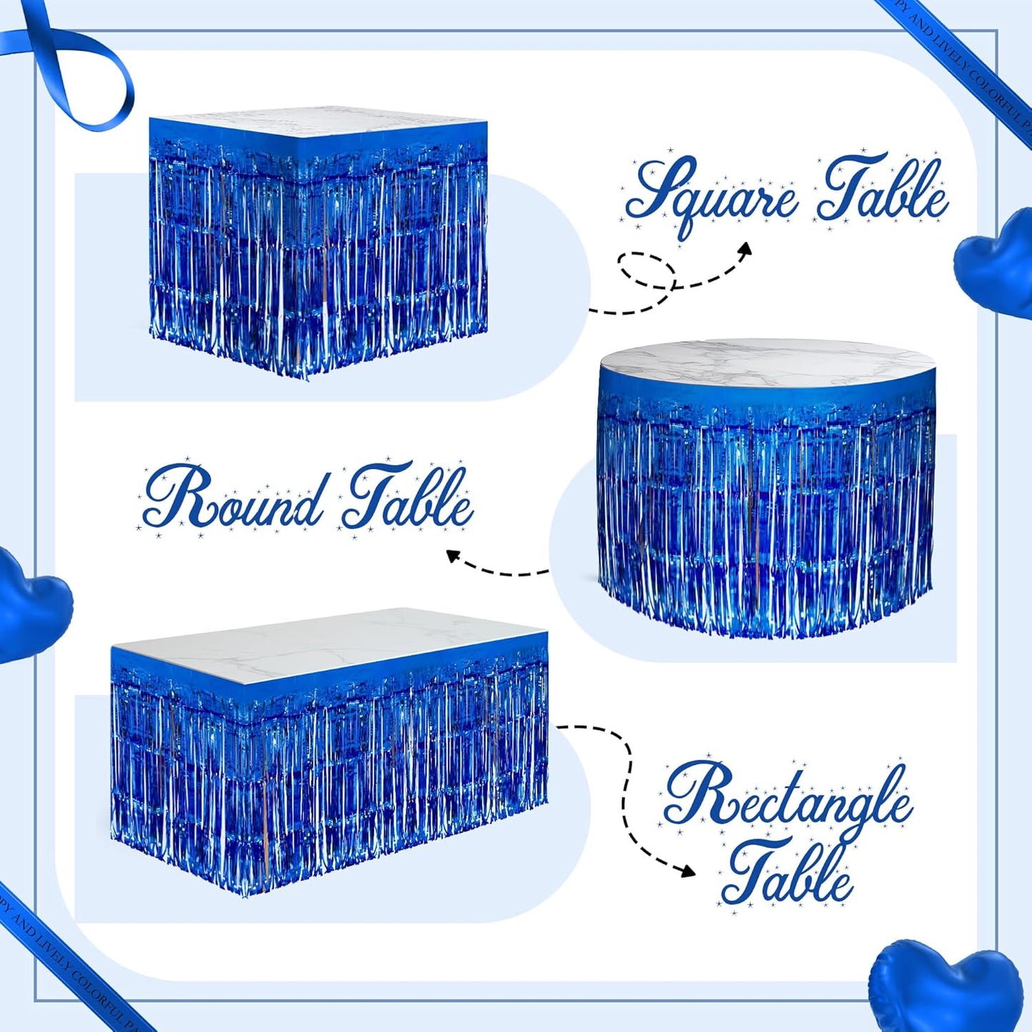 2 Pack Dark Blue Table Skirts, 29x108" Metallic Foil Tinsel Fringe Table Skirts for Rectangle Tables Streamer Curtains Backdrop, Party Decorations for Birthdays Weddings Holidays