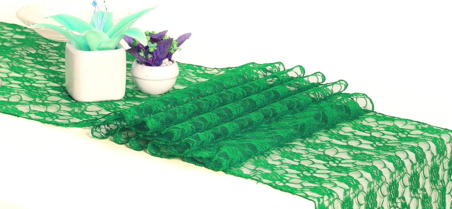 MDS Pack of 10 Wedding 12 x 108 inches Lace Table Runner for Wedding, Decorations for Birthday Parties, Banquets, Graduations, Engagements, and Runners fit Rectangle, Round Table- Green