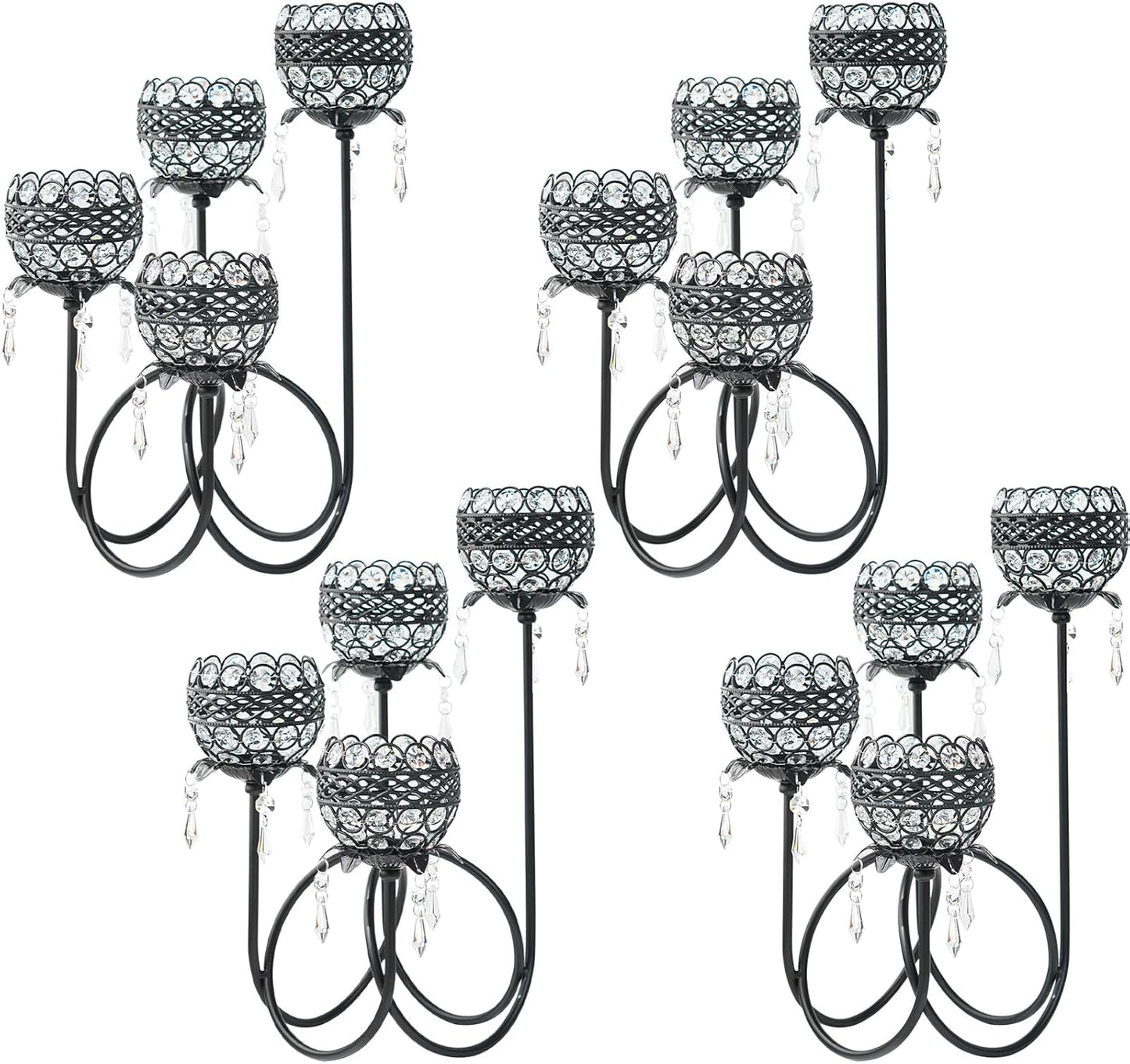 4 Arms Crystal Candelabra Tealight Holder - Tall 15.7 Inch Elegant Centerpiece with Crystal Pendant Bowls & Artistic Metal Stand for Wedding, Dining Table, Home Decor (4, Black)