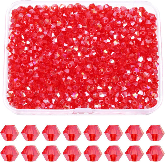 PATIKIL 1000pcs 3mm Bicone Glass Crystal Beads, Faceted Glass Spacer Beads with Box for Jewelry Making Bracelet Necklace Earrings DIY Suncatcher Craft, Red AB