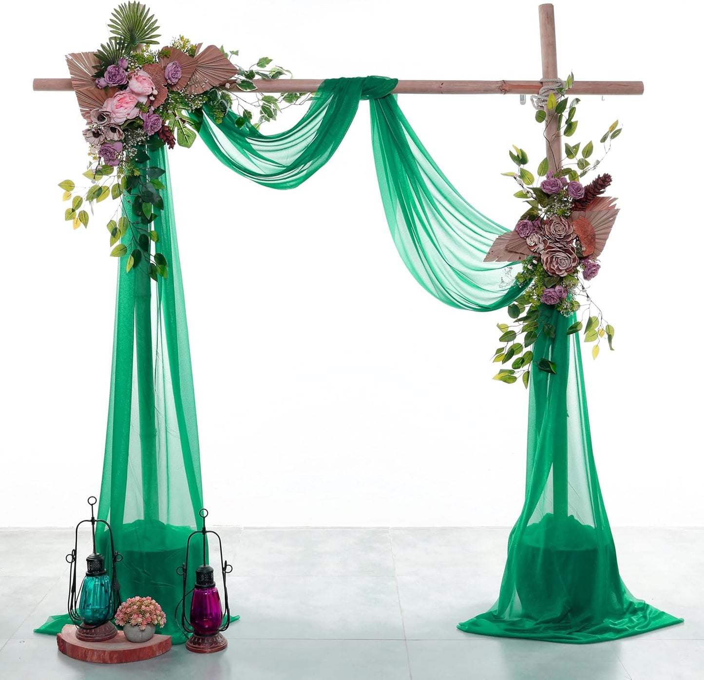 VDS Pack of 4 Panel (30 Inch X 20 Feet) Wedding Arch Draping Fabric Sheer Chiffon Fabric Drapery for Wedding Ceremony Reception Swag Backdrop Canopy Chuppah ARBO Altars Decoration (Emerald)
