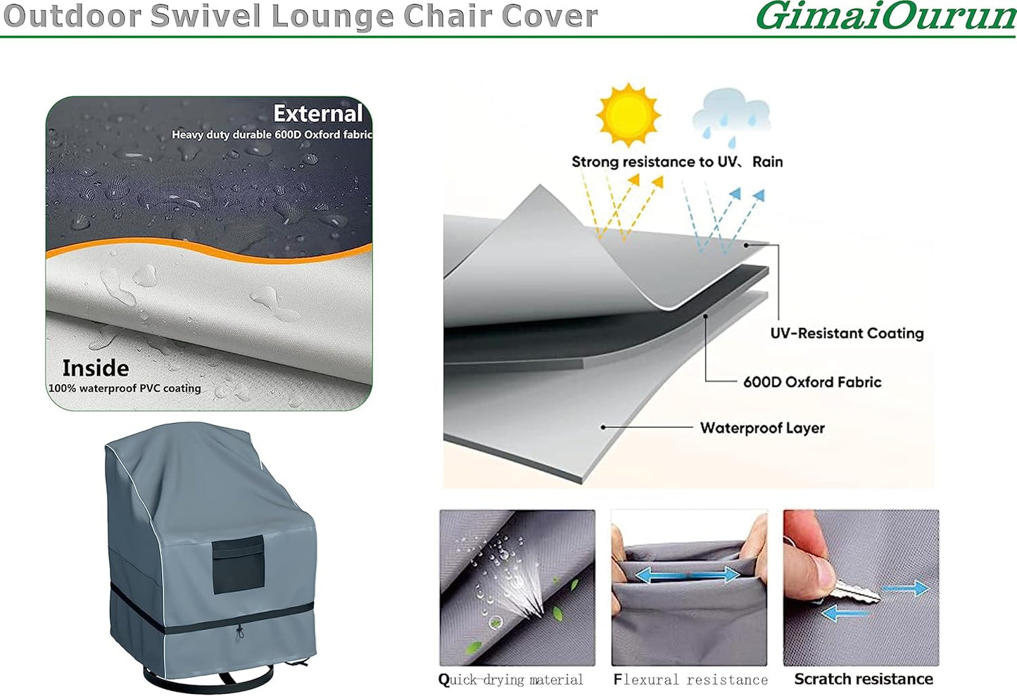 Outdoor Swivel Lounge Chair Cover 2 Pack, Waterproof Heavy Duty Outdoor Outdoor Lawn Patio Furniture Rocking Chair Cover, (29 W x 31 D x 38.5 H inches), Gray
