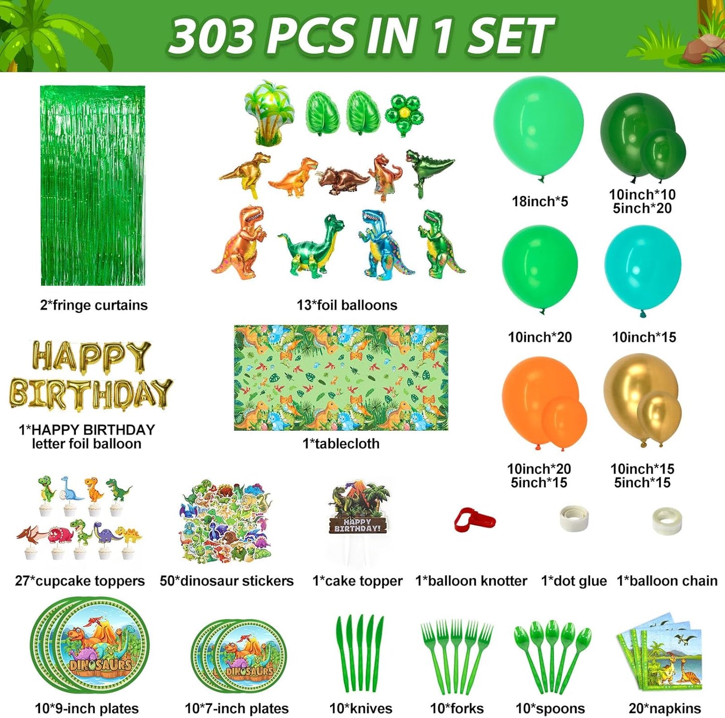 Dinosaur Party Decorations, Dinosaur Birthday Party Supplies for Kids Include Dino Foil Balloons, HAPPY BIRTHDAY Banner, Cake Toppers, Plates, Napkins, Curtains & Customized Tablecloth