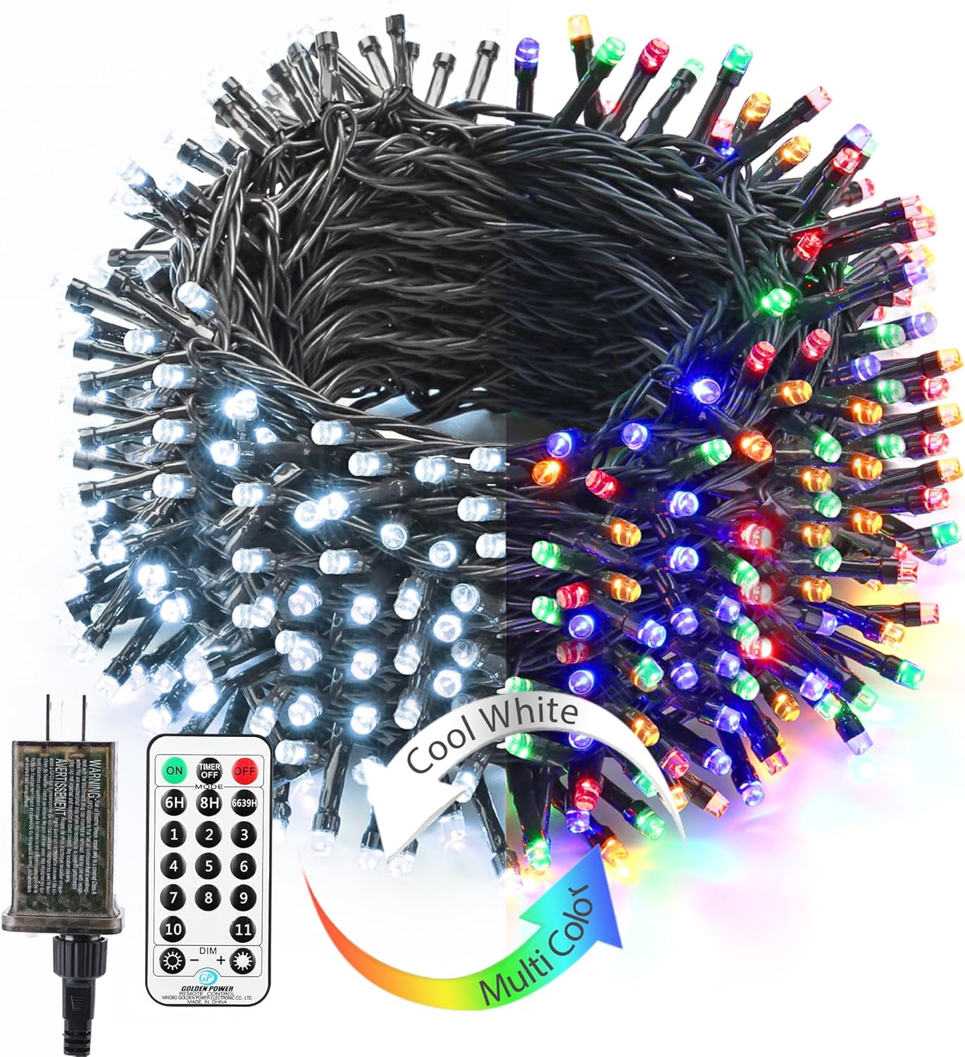 BrizLabs Color Changing Christmas Lights, 180ft 500 LED with Remote, 11 Modes Cool White & Colored Outdoor/Indoor Xmas Tree Lights