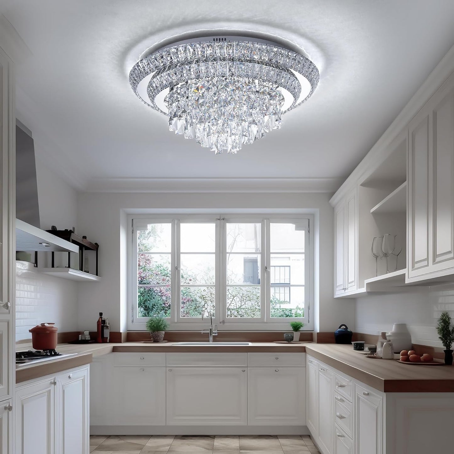 24 inch Crystal Silver Ceiling-Light Flush Mount with Remote Control and APP, 3CCT Dimmable & Brightness Adjustable, Modern Crystal Raindrop Chandeliers for Bedroom Hallway Dinning Room Living Room