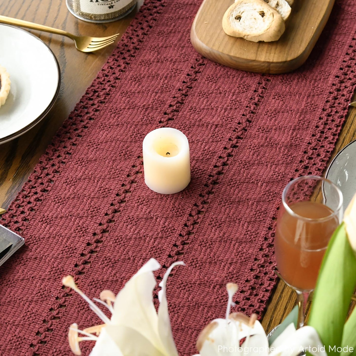 Artoid Mode Red Farmhouse Woven Rustic Hollow Table Runner, Seasonal Holiday Hollow Kitchen Dining Table Decoration for Home Party Decor 12x120 Inch