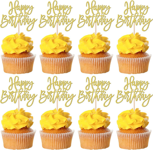 24 PCS Happy Birthday Cupcake Toppers Glitter Picks for Celebrating Anniversary Theme Party Cake Decorations Supplies Gold