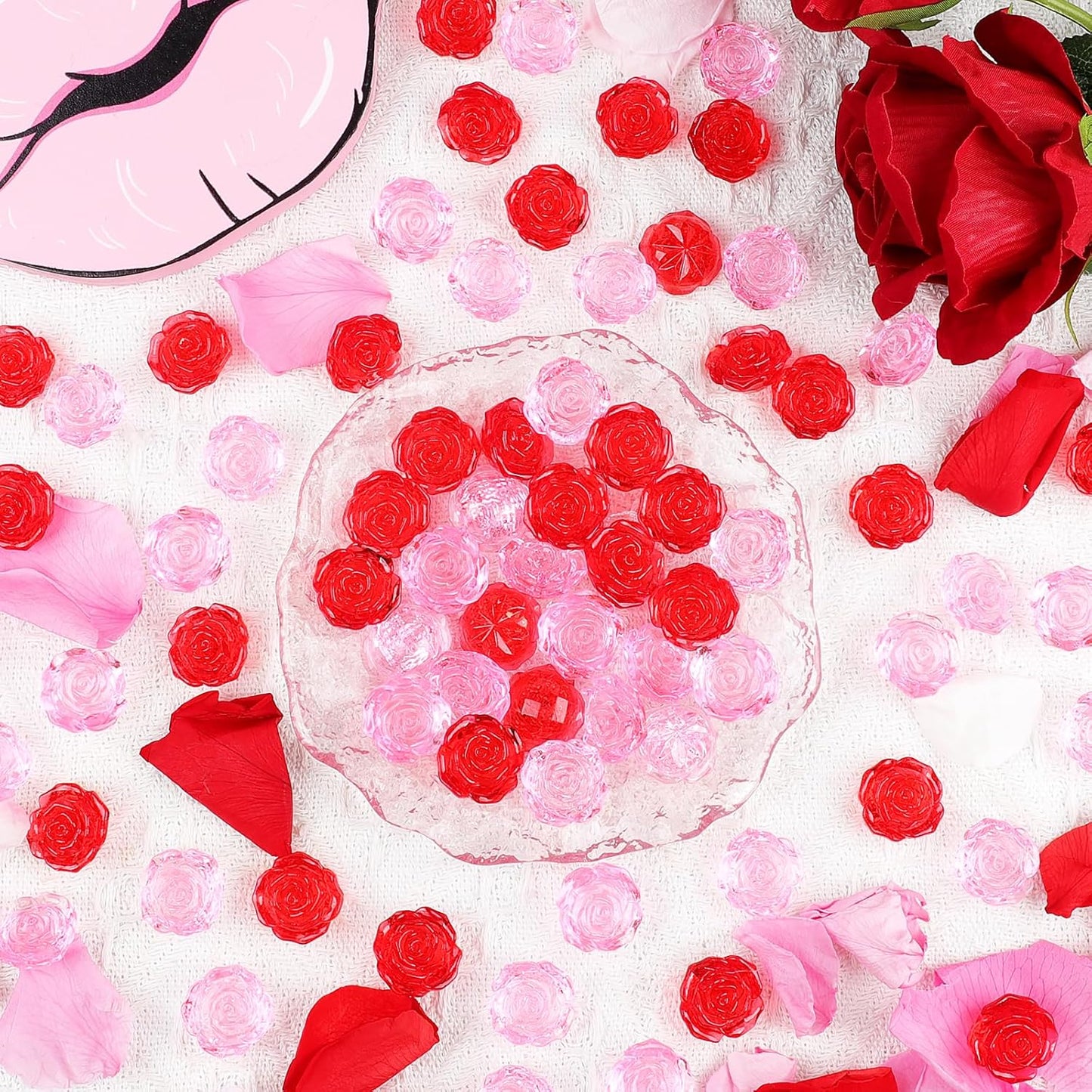 Fangoo 210PCS Red Pink Acrylic Rose Ornaments Mini Acrylic Rose Gems for Valentine Vase Filler Decor for Table Scatter Engagement Valentine's Day Wedding Anniversary Party (RedPink-Rose, 12OZ)