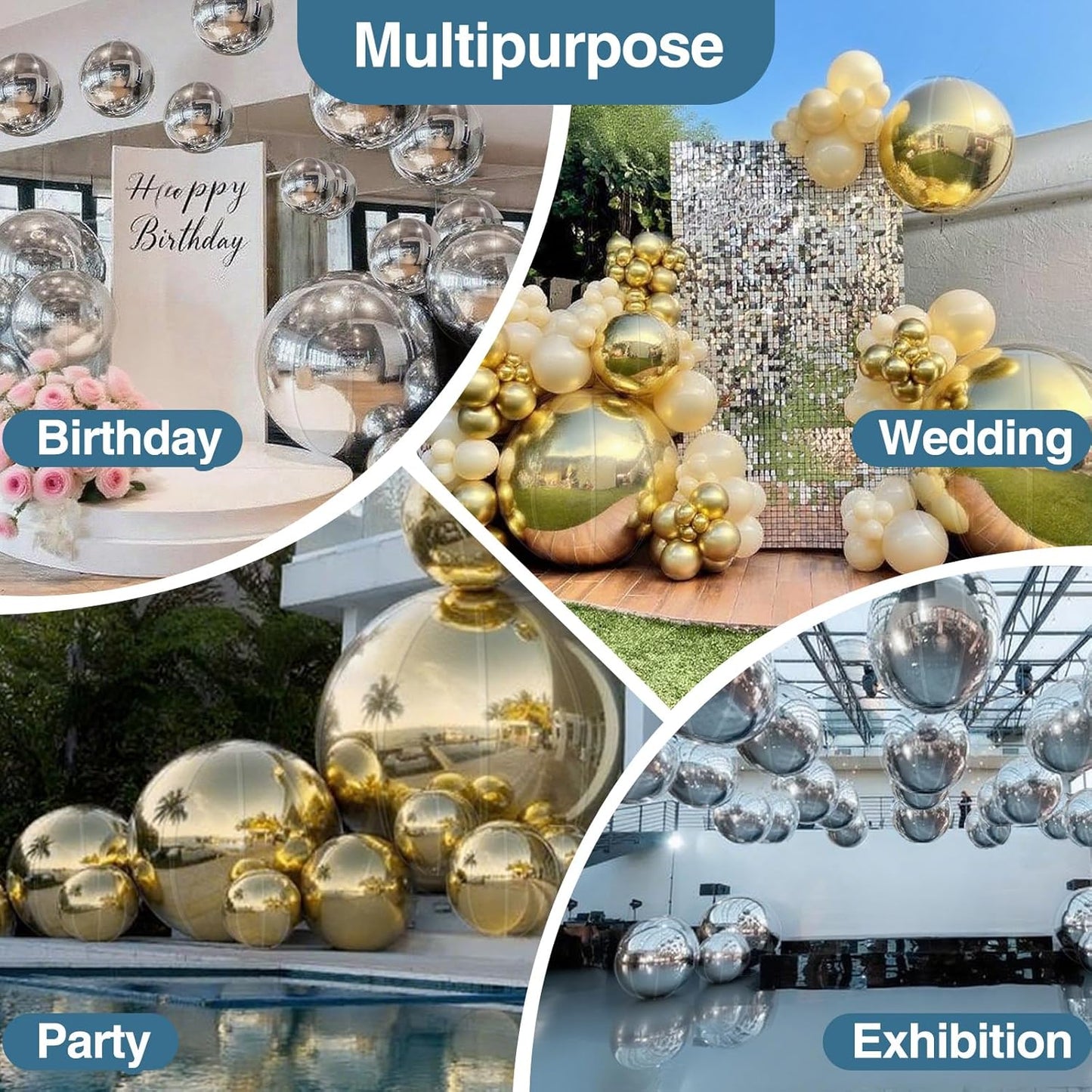 2PCS 19.7in Silver Inflatable Mirror Ball, Big Shinny Balls Reusable Large PVC Disco Ball Balloon for Large Event Decoration, Party, Concerts, Stage, Wedding Decor, Without Air Pump