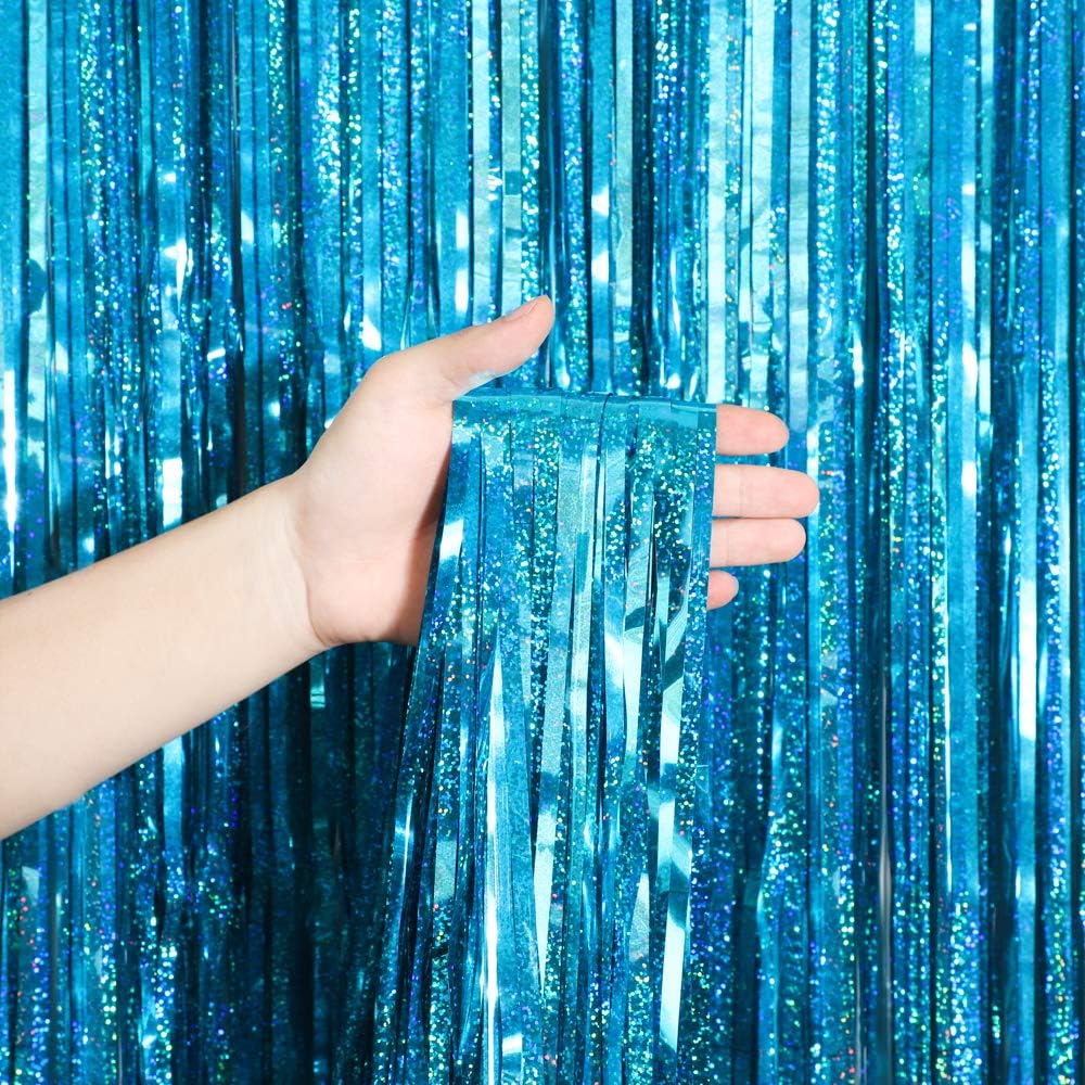 Melsan 2 Pack 3.2 ft x 8.2 ft Teal Tinsel Foil Fringe Curtains Backdrop, Sparkle Metallic Foil Curtains for Frozen/Mermaid/Under Sea Birthday Party Decoration