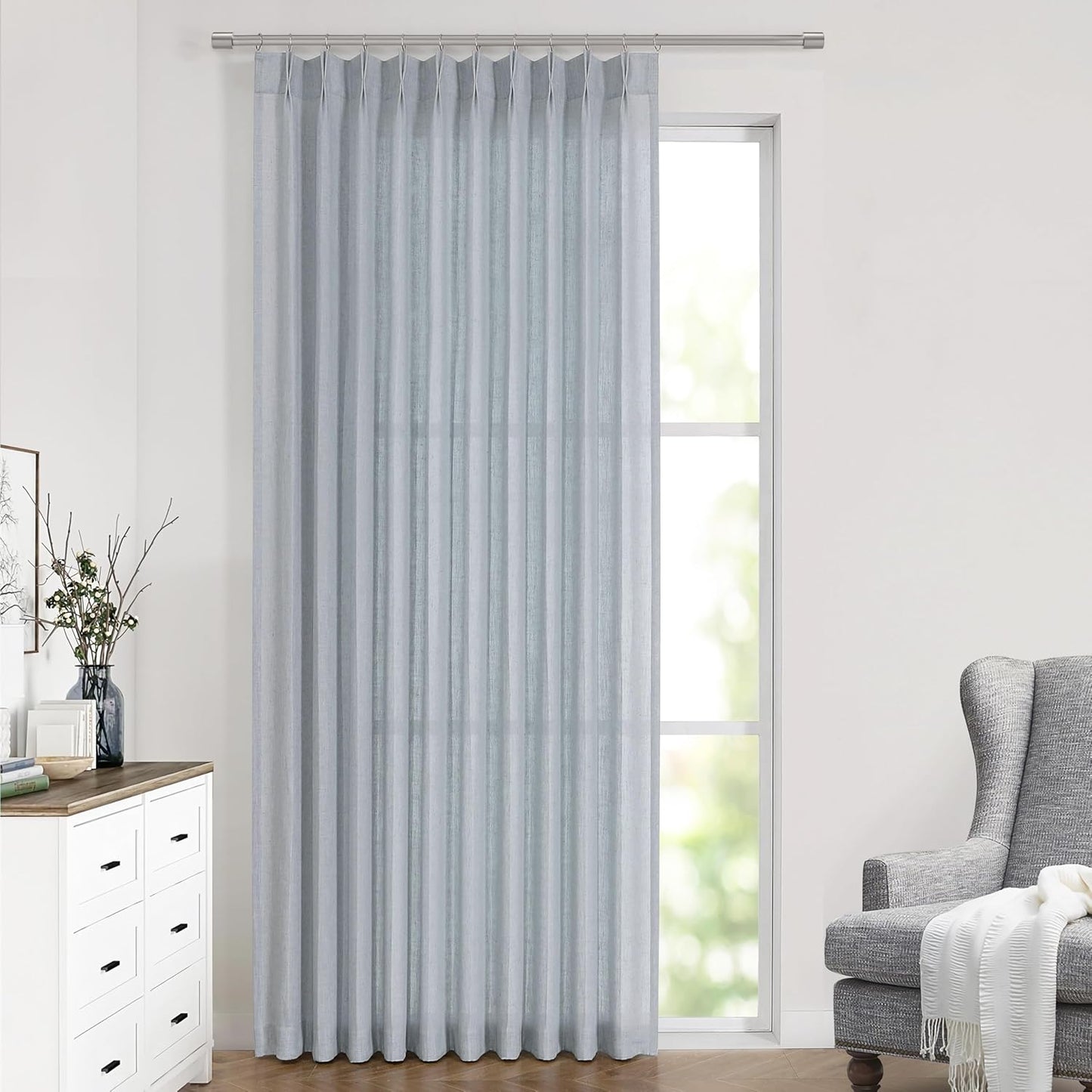 Vision Home Blue Fog Pinch Pleated Semi Sheer Curtains Textured Linen Blended Light Filtering Window Curtains 102 inch for Living Room Bedroom Patio Pinch Pleat Drapes with Hooks 1 Panel 60" Wx102 L