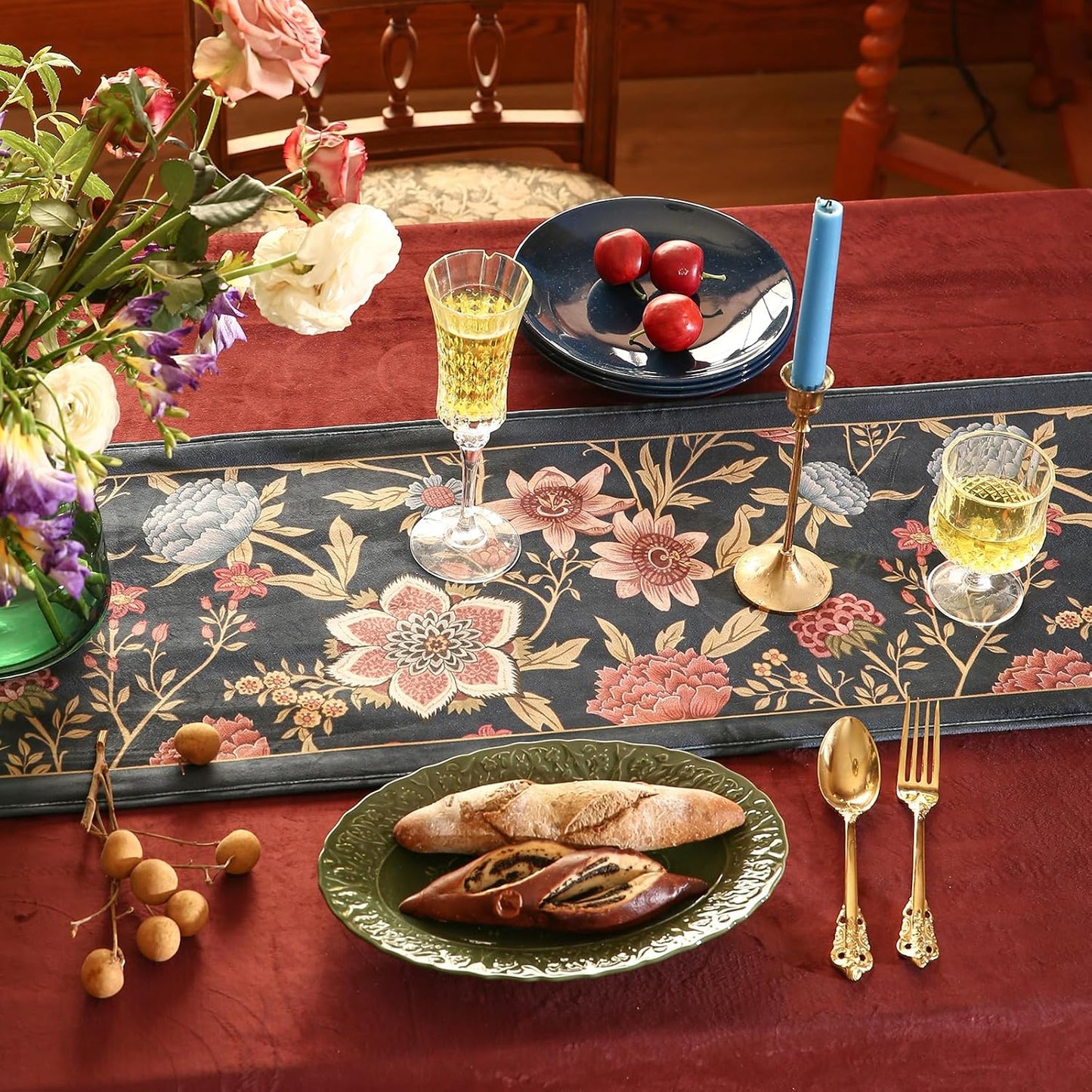 patdrea Designer Vintage Black Floral Velvet Table Runner 102 Inch Long, Pink Khaki Bouquets Pattern Table Mat, Decoration for Kitchen Dining Coffee Table Cabinet Banquet Thanksgiving,12"*102"