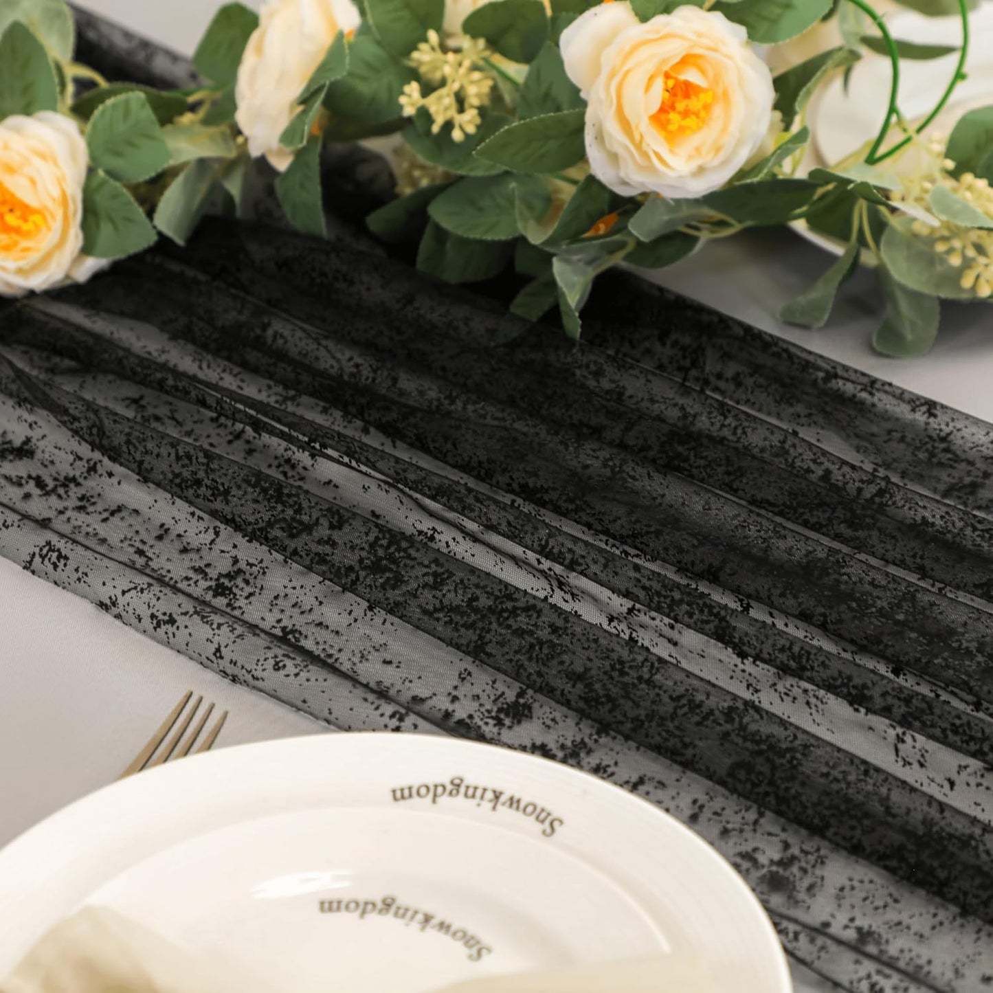 Snowkingdom Black Table Runner, 10FT Sheer Tulle Cheesecloth Gauze Metallic Mesh Foil Table Decoration for Halloween, Party, and Christmas