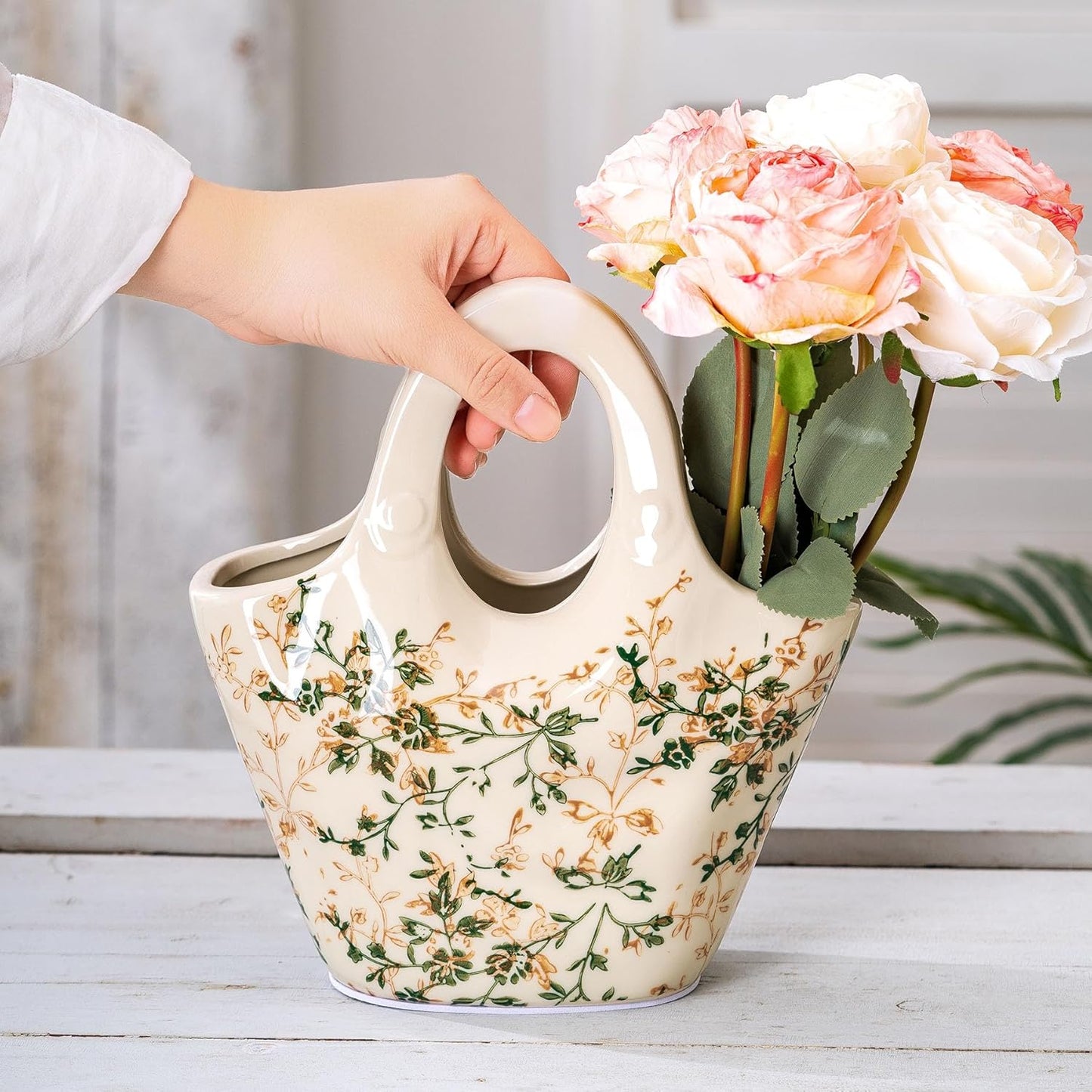 Ceramic Purse Vase for Flowers, Cute Handbag Vases, Vintage Green and Beige Floral Vase, Rustic Farmhouse Vases for Living Room, Kitchen, Bedroom, Table Centerpiece, Chinoiserie and Tuscan Decor 9 in