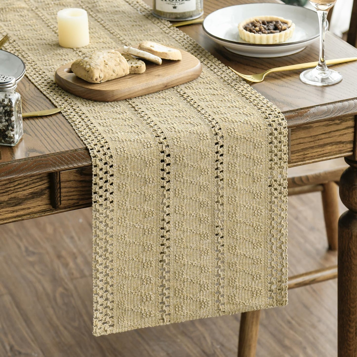 Artoid Mode Burlap Brown Farmhouse Woven Rustic Hollow Table Runner, Seasonal Holiday Hollow Kitchen Dining Table Decoration for Home Party Decor 12x120 Inch