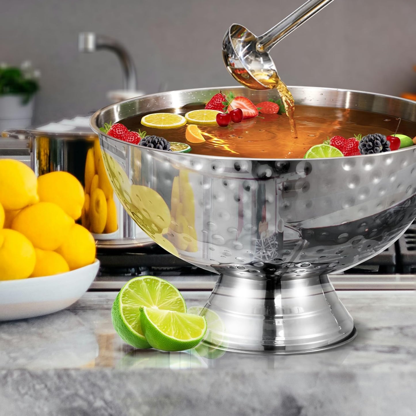 12L Hammered Large Ice Bucket for Parties - 16"x16"x10" Huge Punch Bowl with Ladle - Stainless Steel Bucket for Cocktail Bar - Lightweight Champagne Bucket with Scoop